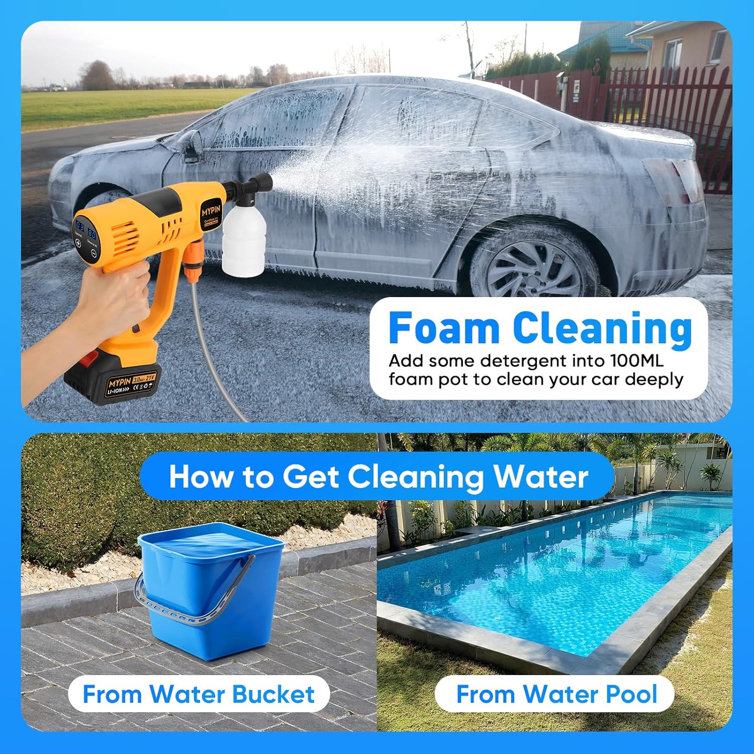 Options for drawing water from a bucket or a pool for the pressure washer