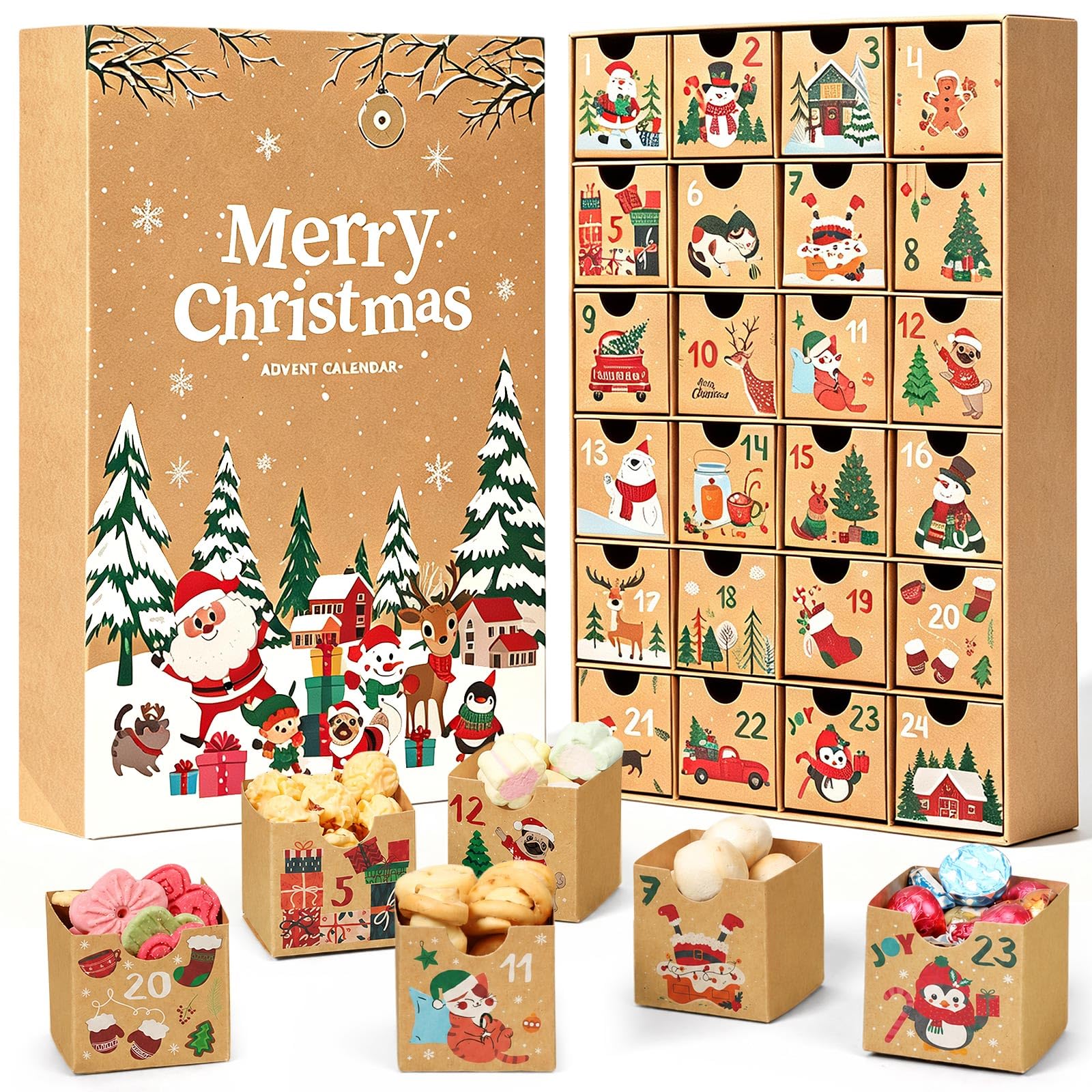 Containlol Cajas de calendario de Adviento de Navidad, cajas de regalo de cuenta regresiva de Adviento, número de cartón de Navidad, calendario vacío, decoración navideña para llenar tu propio regalo