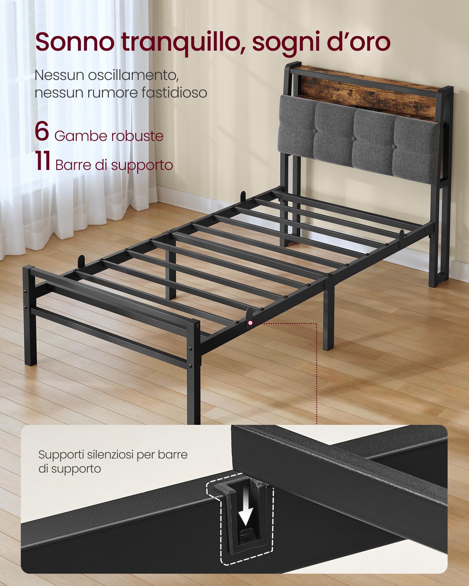 VASAGLE Struttura Letto Singolo in Acciaio, con Luci LED e Prese, 218,3 x 90,5 x 104,5 cm, Nero Opaco, Testiera Imbottita, Spazio Sotto il Letto, Collezione Conner RMB122G101