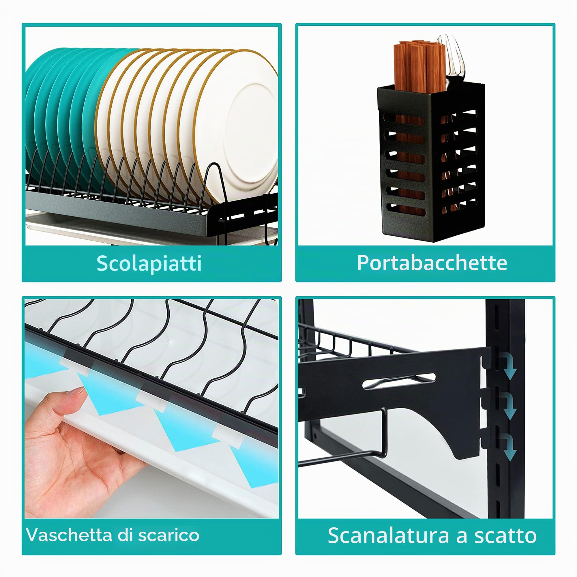 Stendino per piatti in acciaio inox a parete Cesto per frutta e verdura con scolapiatti e bacchette appese Gabbia Supporto per coltelli da cucina Mensola Utensili Organizer (2 livelli)