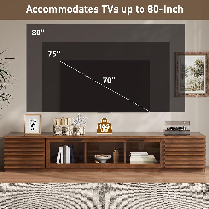 Marzzi 70" Walnut TV Stand with Slatted Doors for TVs Up to 80" image 5