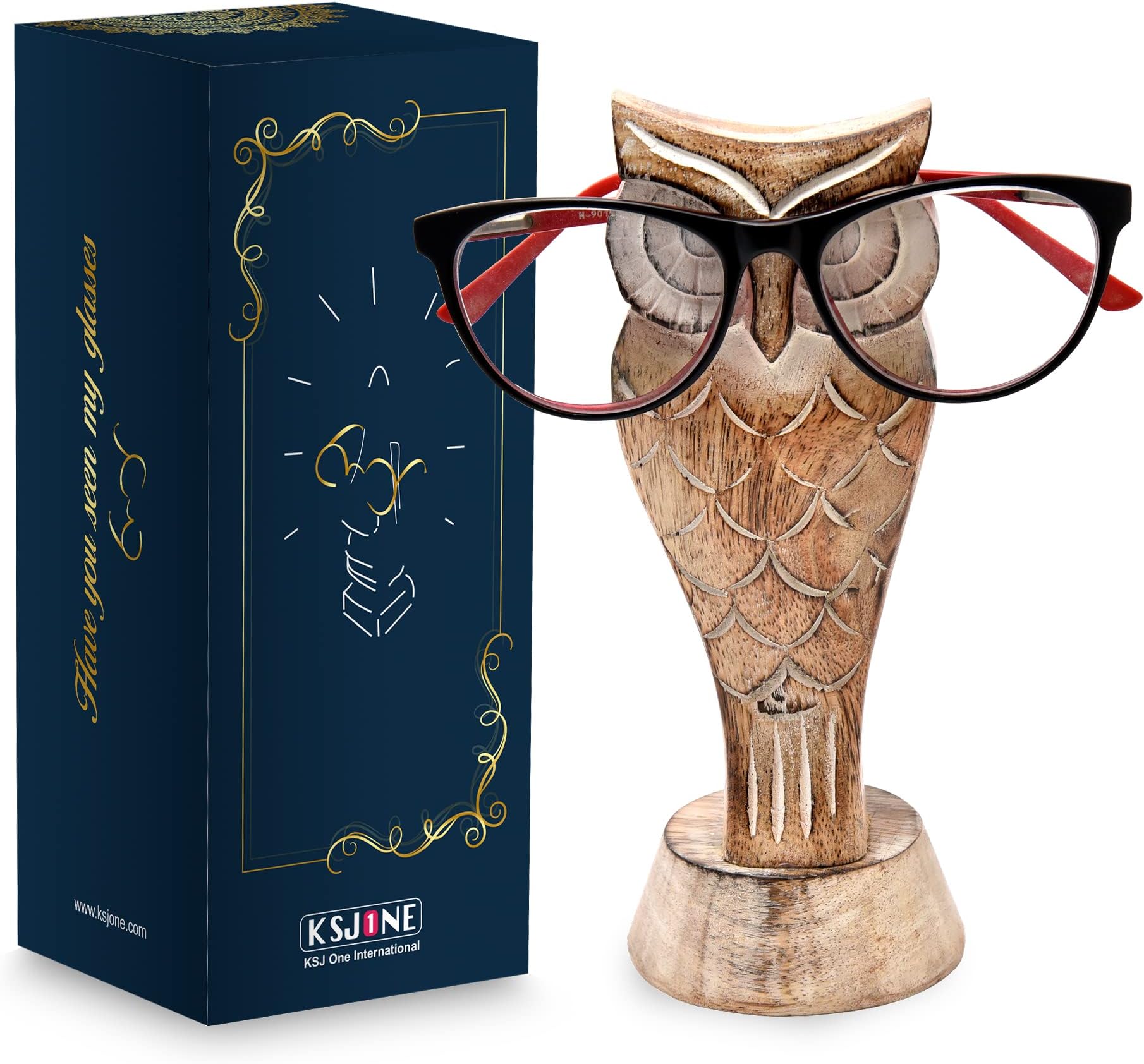 Ksjone Gift Packaged Unique Owl Spectacle Holder Wooden Eye Glasses Stand Handmade For Women And Men Home Office Teacher Him Her Mom Dad Desk Organizer All Ages