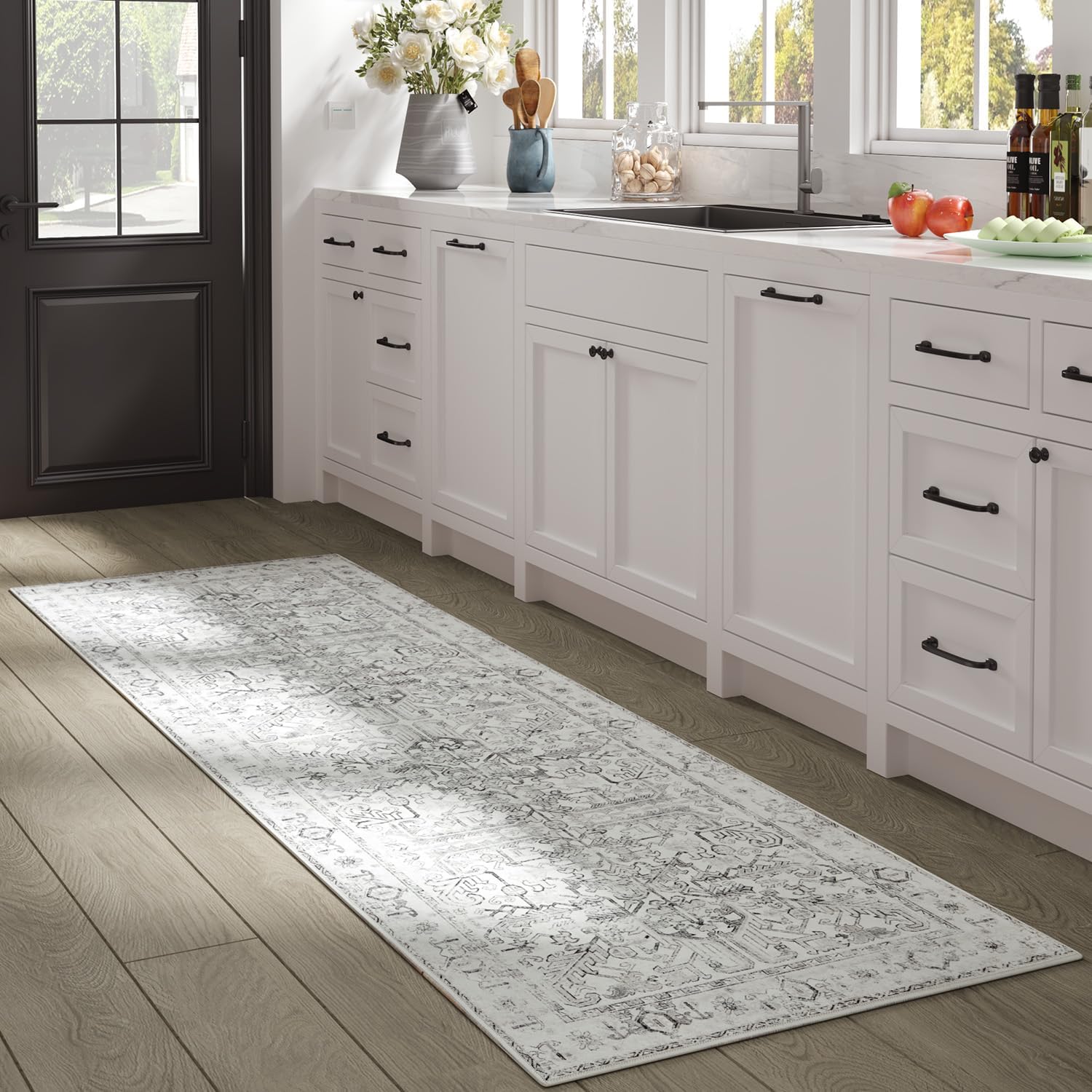 jinchan Lima Kitchen Runner Rug 2x8 - Vintage Floral Machine Washable Non-Slip Hallway Runner Rug with Rubber Backing Ultra-Thin Carpet for Bedroom Laundry Room Farmhouse (2x8ft, Grey) - Image 3