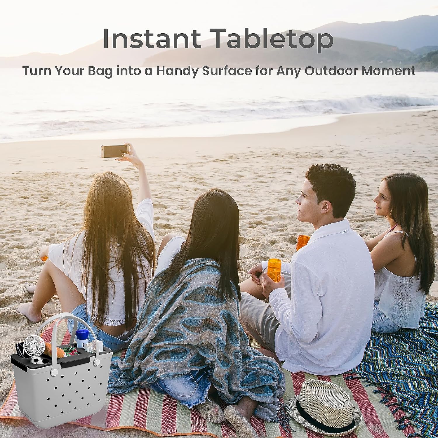 Tote Topper Tray Accessories for Bogg Bag Large - Waterproof EVA Table Top Organizer Lid with Cup Holder, Snack, Phone & Drink Holders for Beach, Pool, Picnic, Travel (Black)
