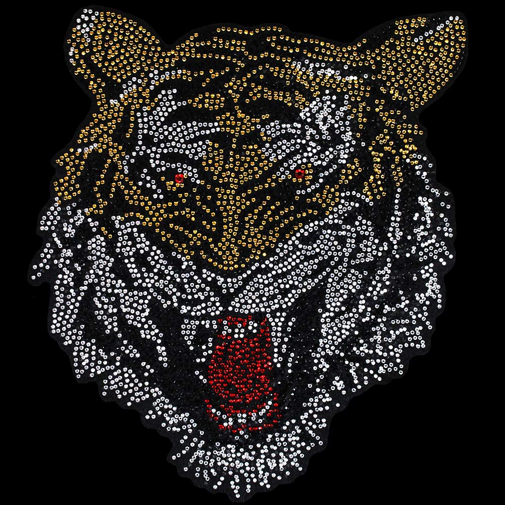 EMDOMO Tiger Head Hot Fix Rhinestones Transfers Motif Diamond Iron on Transfer Patches Applique for Clothes DIY Craft 1 piece