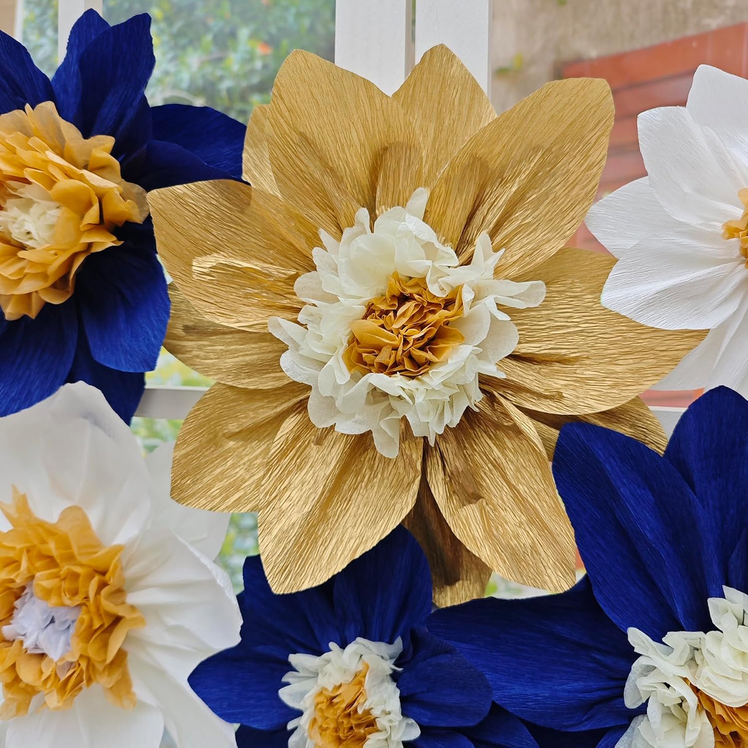 Mybbshower Crepe Paper Flower for Wall Paper Pom Pom Decor Girls Birthday Party Backdrop Baby Shower Nursery Decoration Pack of 9 (Navy Blue Gold) - Image 3