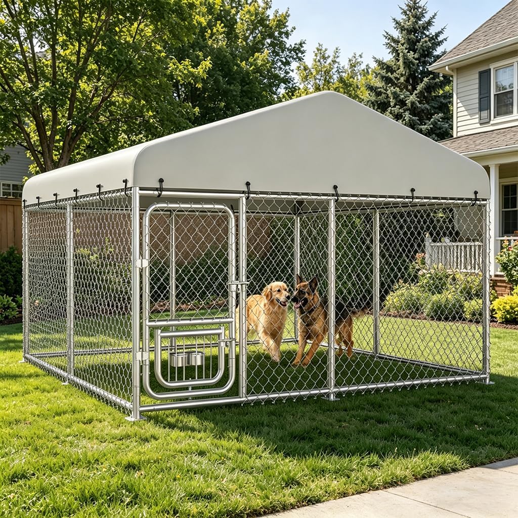 COMHOMA Dog Kennel Outdoor with Roof,Large Metal Dog Enclosure with Weather-Resistant Cover,Lockable Gate for Medium Large Dogs (Gunmetal, 10x10FT (124in)