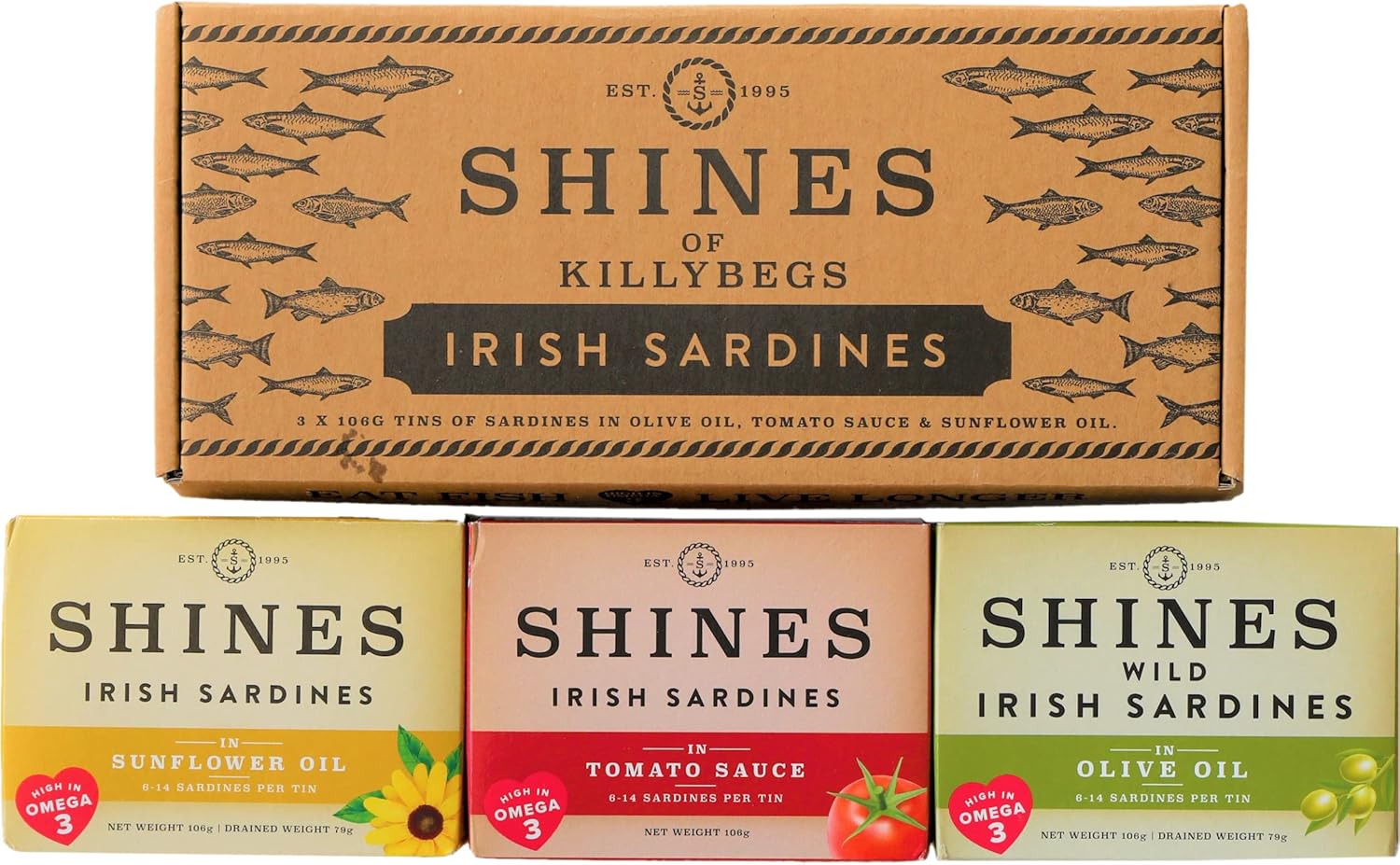 Pack of Shines Irish Tinned Sardines 3 Flavours Tomato Sauce, Olive