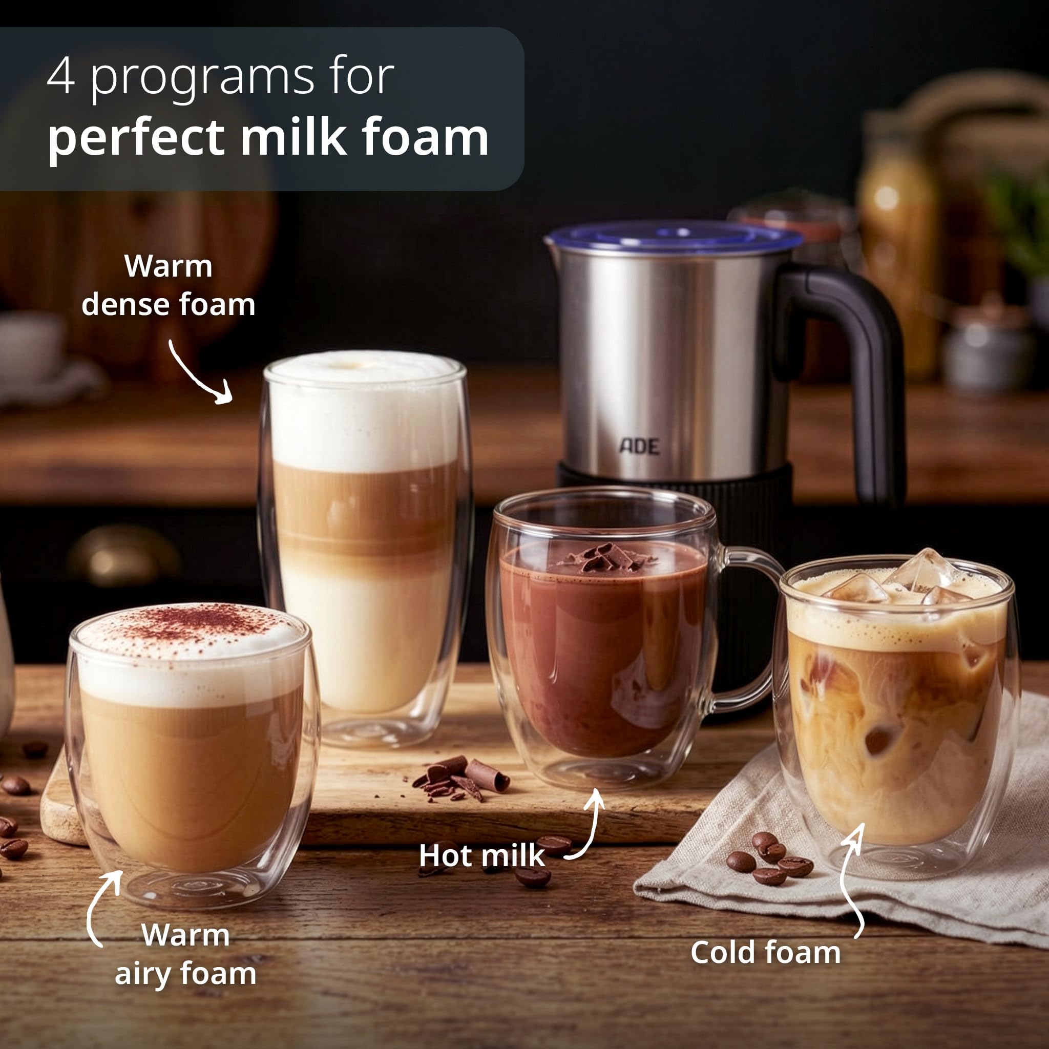 ADE Elektryczny Spieniacz do Mleka 4w1 | do ciepłej i zimnej pianki mlecznej + podgrzewacz mleka | do cappuccino, latte macchiato, mrożonej kawy, kakao | 300 ml | 500 W