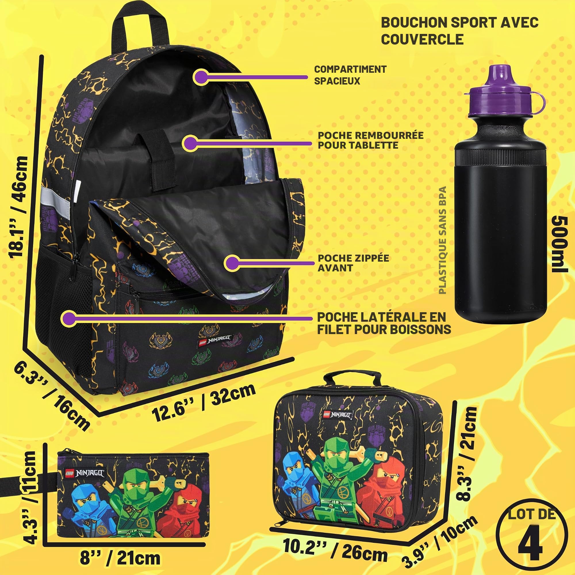Get Trend Lego Ninjago Sac a Dos Garcon Set, 4 Pcs Grand Cartable Enfant 46cm, Trousse Scolaire, Sac Isotherme Repas et Gourde sans BPA (Multi Lego)