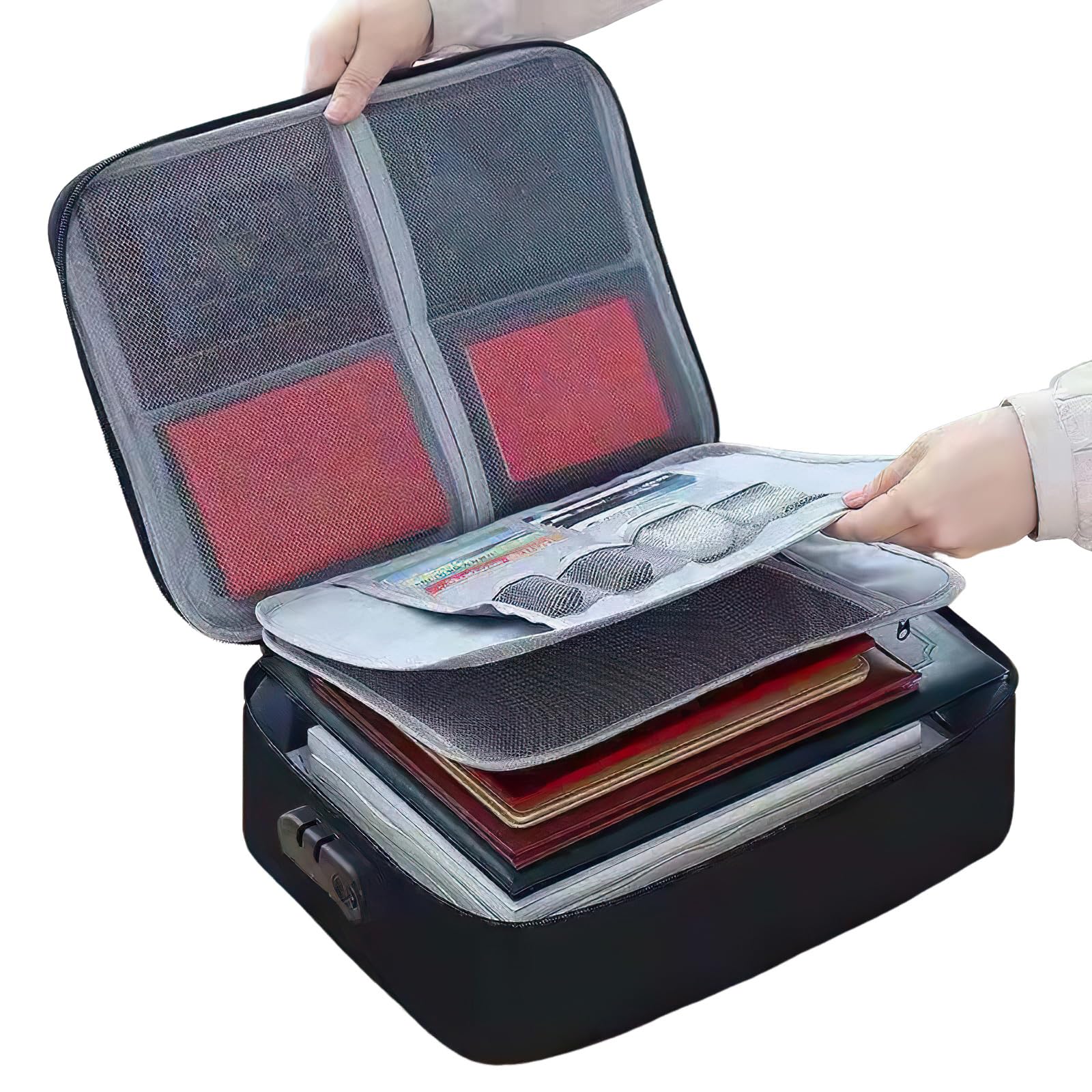 Kouamor Black 37*27*10Cm Fireproof Document Box, Lockable Storage Box, Document Organiser, Fire Proof Documents Storage Box, Waterproof File Organiser Box, File Storage Boxs With Inserts Bags And Zipper (Black)