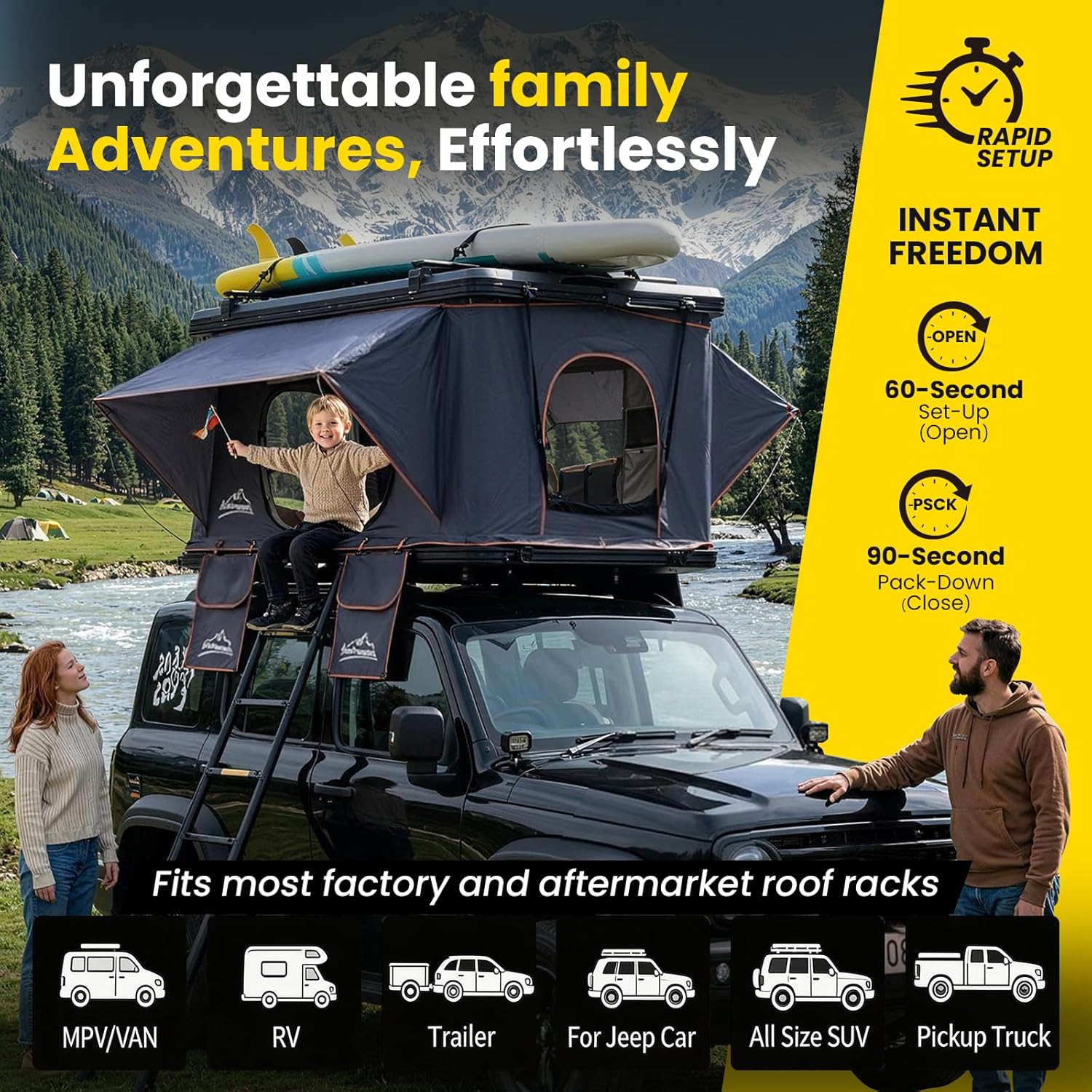 Hard Shell Roof Top Tent with Adjustable Roof Crossbars, 1-Minute Setup, 2-3 Person All-Season Camping Tent, Includes 3" Mattress, Ladder & LED Light - for SUV, Truck, Van(Standard Version)
