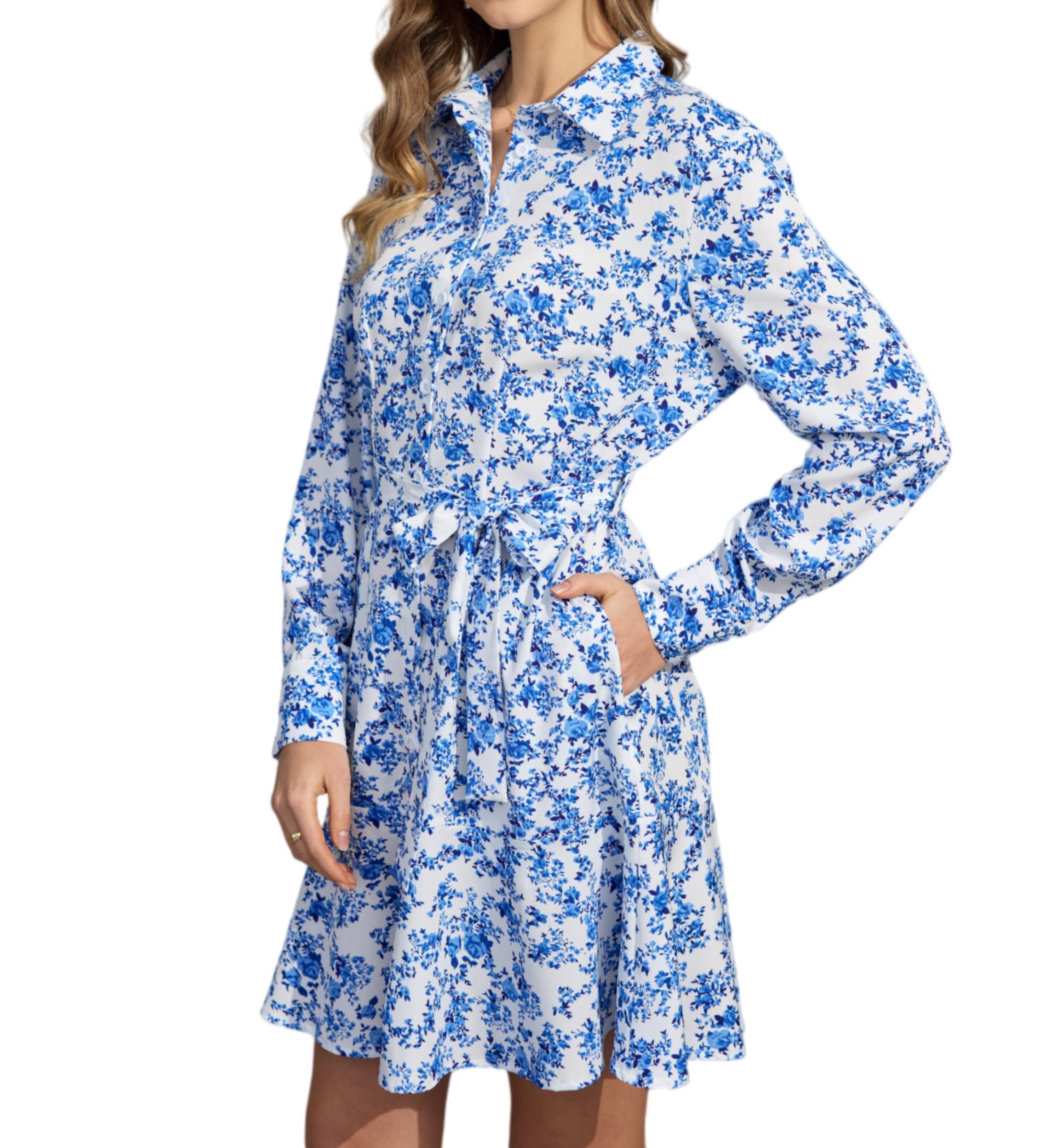Women's Long Sleeve Button Up Midi Belt Shift Collar Dress with Pockets for Work Office Business
