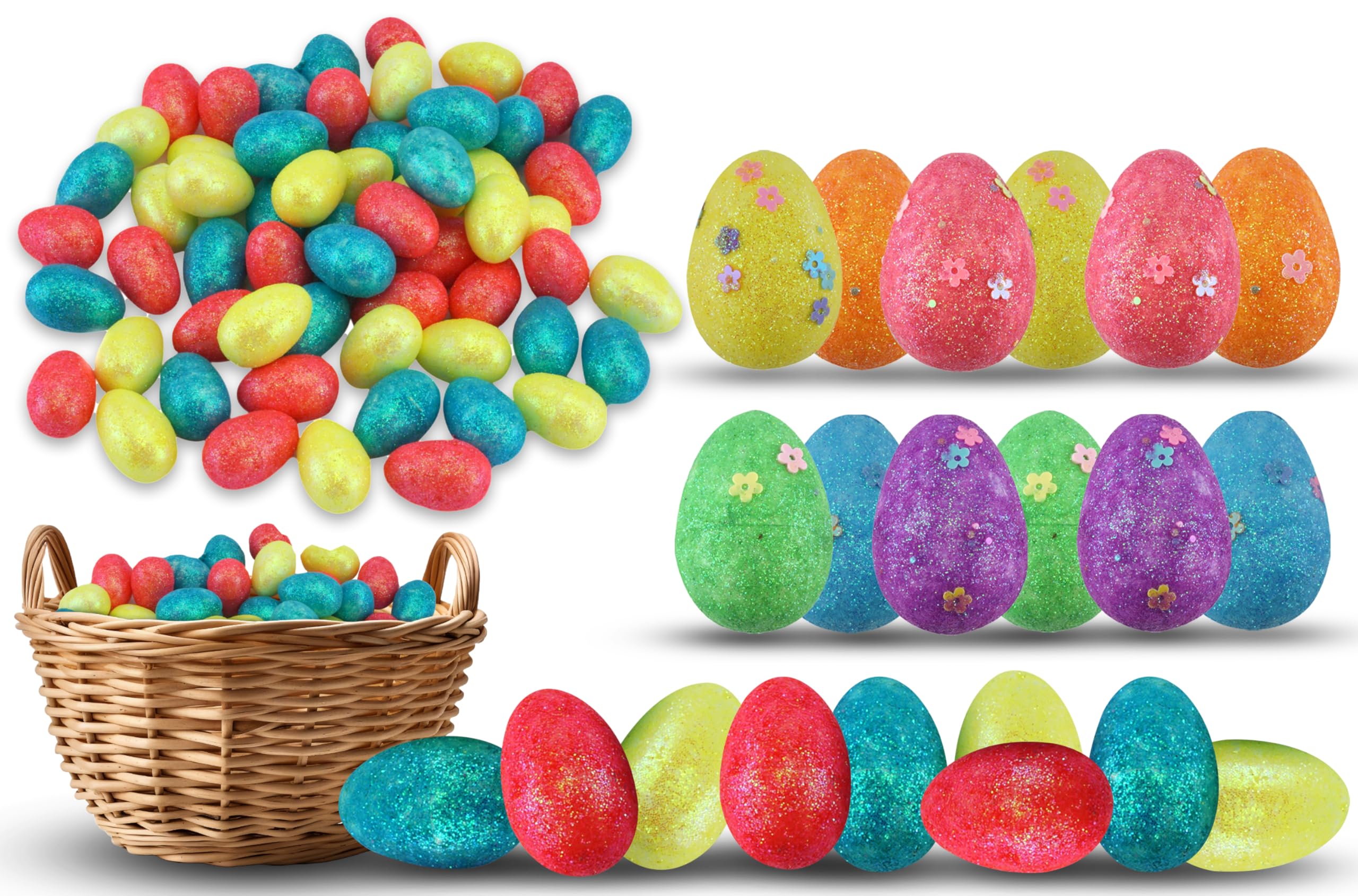 Hovuk 42Pcs- Glitter Eggs Set 42Pcs Easter Hamper Basket Eggs Decoration - Mini Foam Eggs, Bulk Glitter Eggs For Easter Basket Decoration, Craft Eggs For Hoppy Easter Egg Party Decor