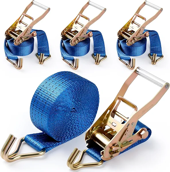 4Pack Ratchet Straps Heavy Duty-2 Inch x 20 Feet(7,500lb Break Strength), Tie-Down Ratcheting with J-Hook Cargo Straps Tiedown Ratchet for Moving and Transports with Trailers, Pickup, Flatbed Trucks