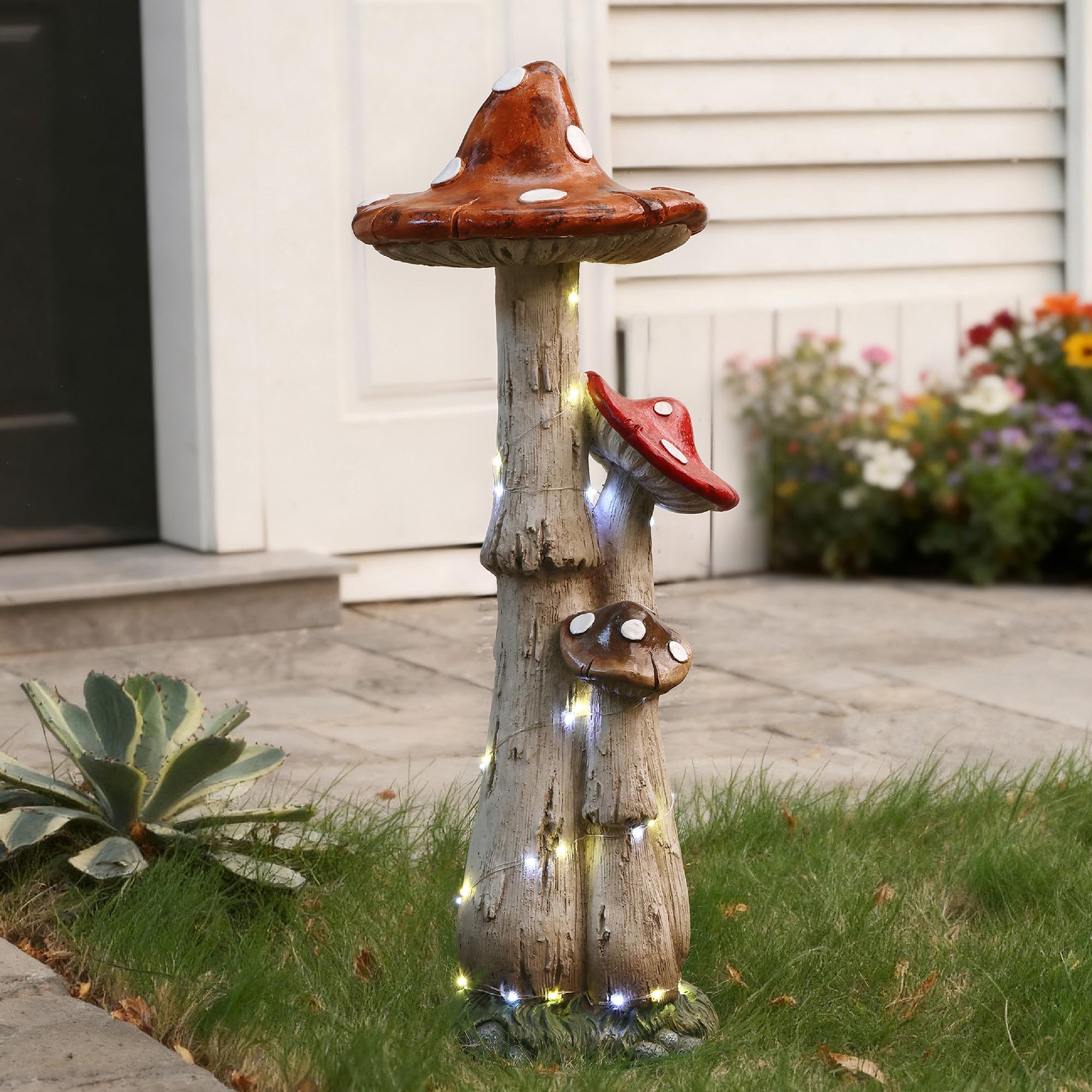 Hometopia 80cm Solar Gartenskulptur Pilz mit LED-Lichterkette – Wetterfeste Gartenfigur aus MGO – Große Pilz-Deko für Garten, Vorgarten & Terrasse Mama Oma