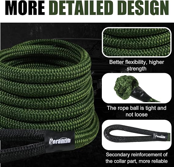Perantlb Kinetic Recovery Rope - 1 x 20ft (33000lbs), Tow Rope with Soft Shackle and Glove, Suitable for 4WD Pick Up Truck, SUV, ATV, UTV