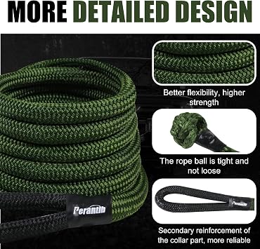 Perantlb Kinetic Recovery Rope - 1 x 20ft (33000lbs), Tow Rope with Soft Shackle and Glove, Suitable for 4WD Pick Up Truck, SUV, ATV, UTV