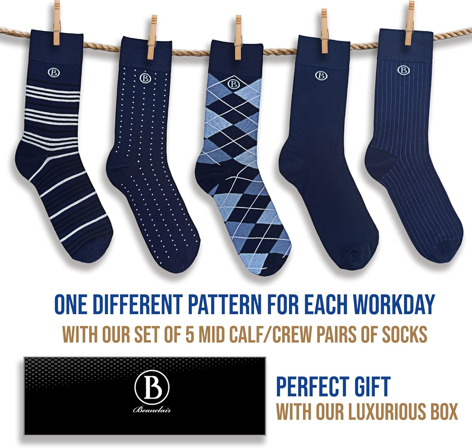 Easytwelve Men's Bamboo Rayon Dress Socks Size 8-13, 5 Pairs Mid Calf Crew Socks for Business & Casual, Gift Box - Image 3