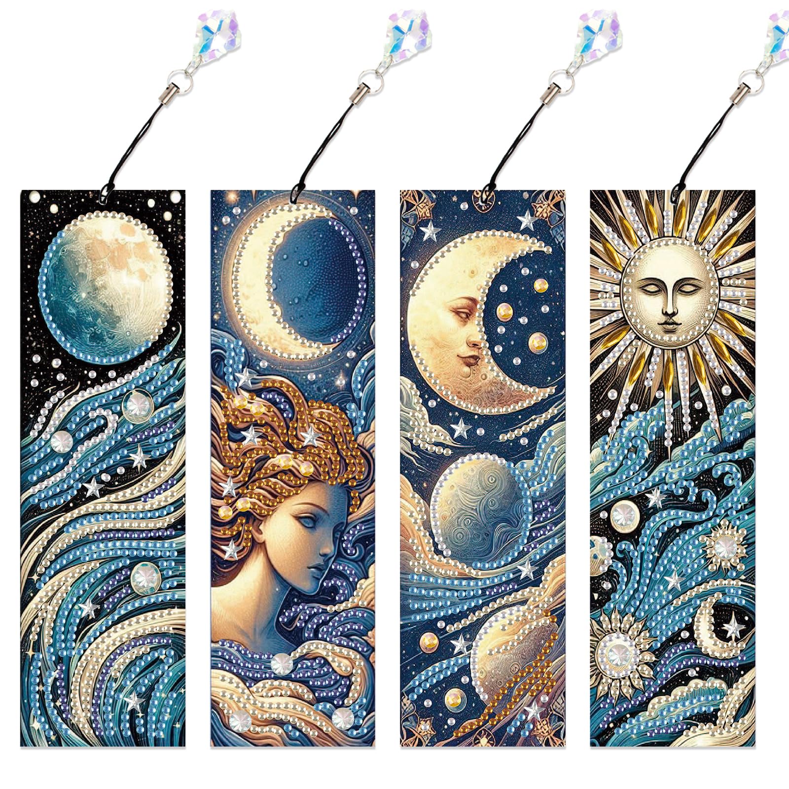 4-Piece Diamond Painting Bookmarks Set for Adults – Sun, Moon, and Waves Design DIY 5D Rhinestone Diamond Art Bookmark Kits with Tassels, Beautiful Diamond Art Bookmarks for Crafts Gifts