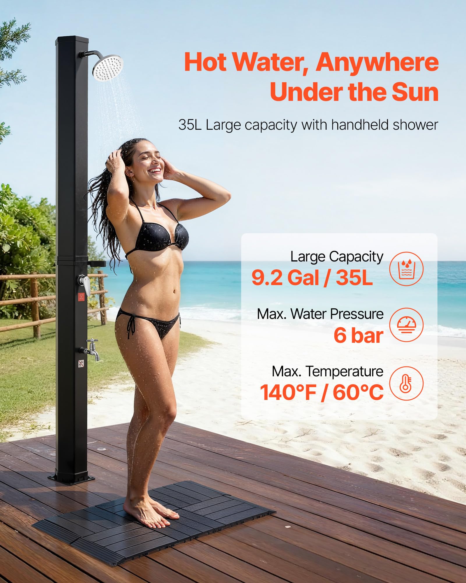VEVOR Ducha Solar 35 litros 195 cm, Ducha Solar Exterior con Suelo y Grifo de Pedal, Cabezal Giratorio 360° Ajuste de Agua Fría y Caliente hasta 60 °C, PVC Reforzado, para Piscina Jardín Playa, Negro