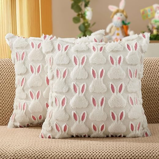 DFXSZ Easter Pillow Covers 18x18 inch Set of 2 Easter Decorations Pink Ears White Rabbit Soft Plush Faux Fur Jacquard Throw Pillows for Bedroom Sofa Holiday Festivals Home Decor FHJ-07D18