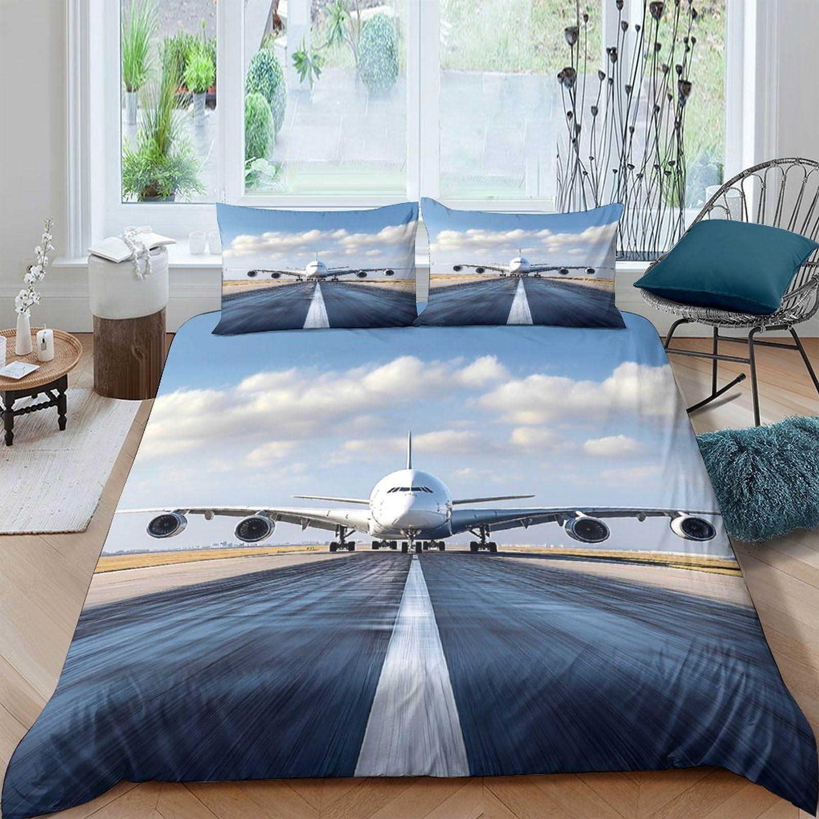 GPLZQXKJNH 3D Printed Airplane Runway Duvet Cover Microfiber Soft Breathable Cloud Sky Bedding Set with 2 Pillowcases for Bedroom Decor Single（135x200cm）