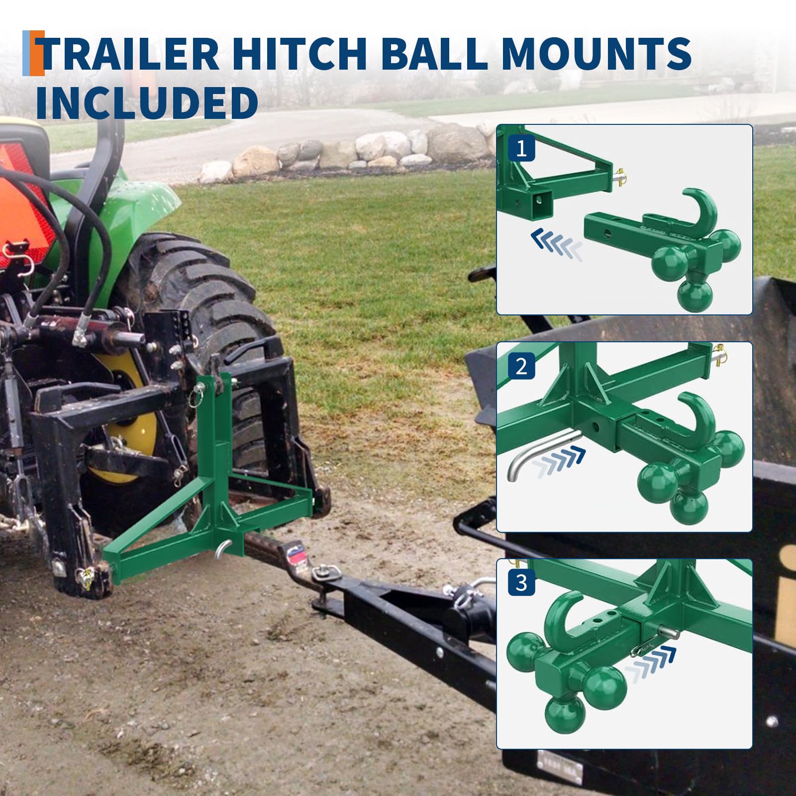 Attelage de remorque à 3 points de catégorie 1 pour tracteur avec triple rotule, attelage lourd de 4,5 kg avec récepteur de 5,1 cm, adaptateur polyvalent pour l'agriculture et le jardin