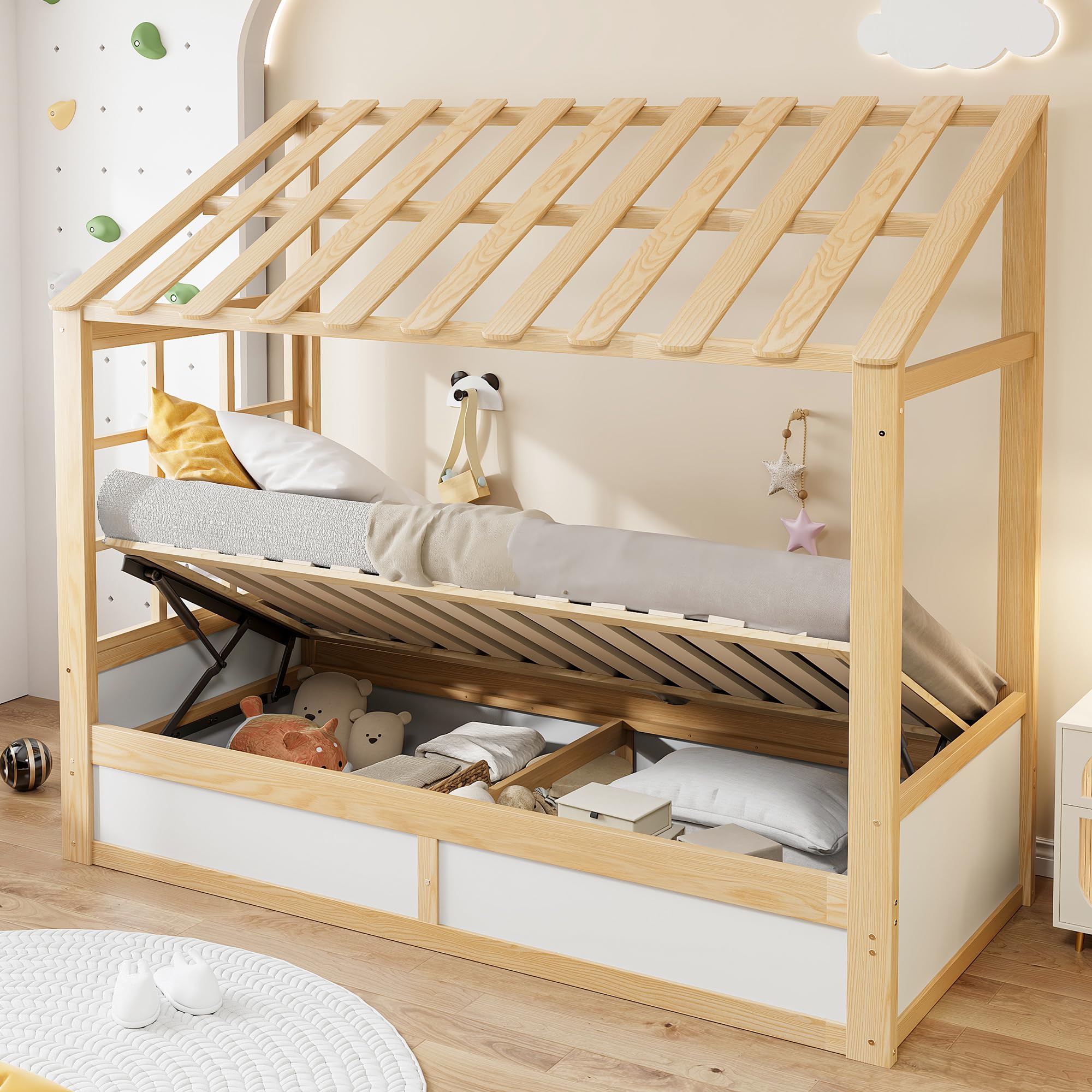 Estructura Individual 90x200 Estructura de Madera con Almacenamiento bajo la Superficie y Compartimentos Laterales Elevación Hidráulica con Techo y Ventanas para Vivienda Blanca