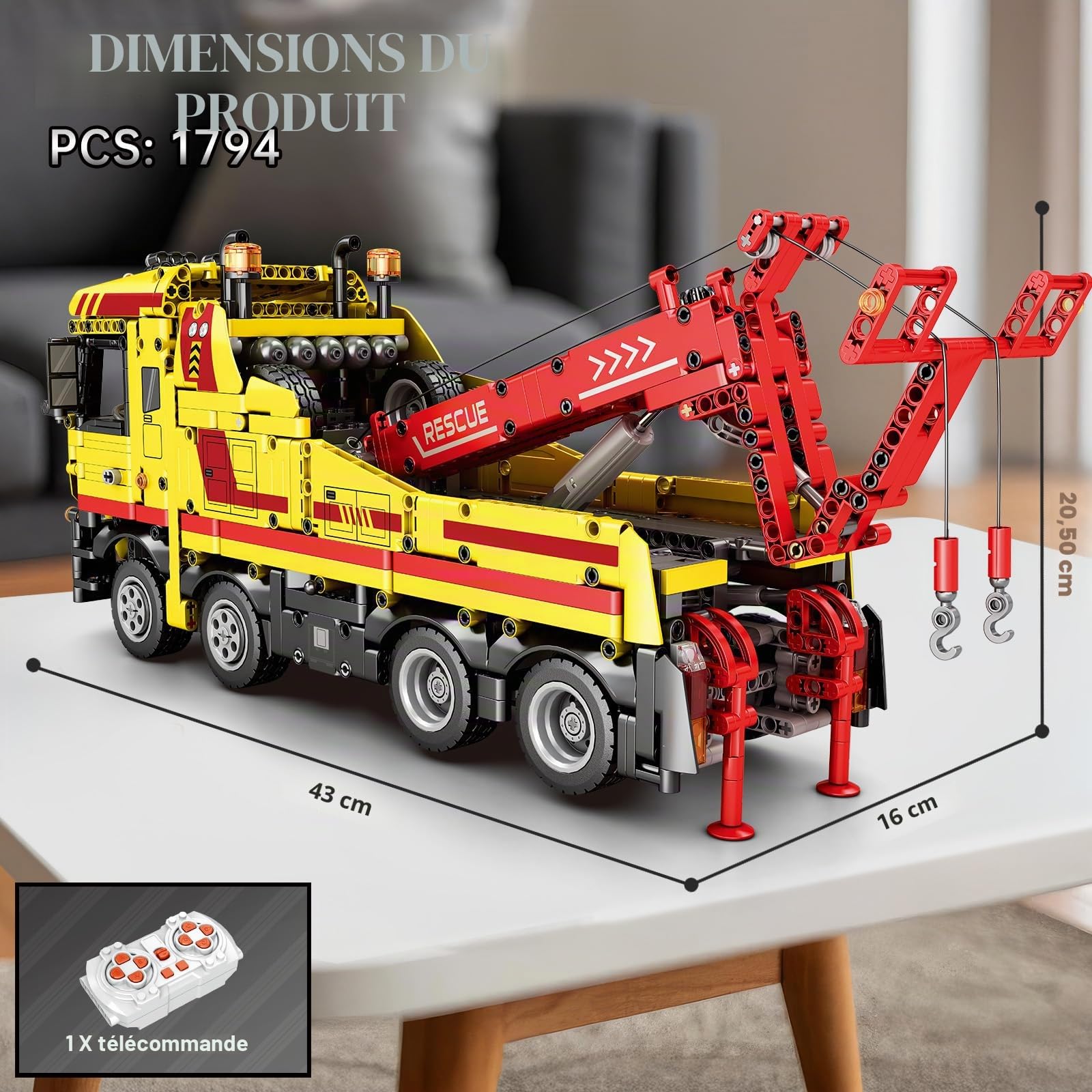 Reobrix Camion de remorquage RC Jouet de construction avec application/télécommande Véhicule robuste de sauvetage avec moteur, grue technique 22012 Brique de construction de voiture Cadeau pour adulte