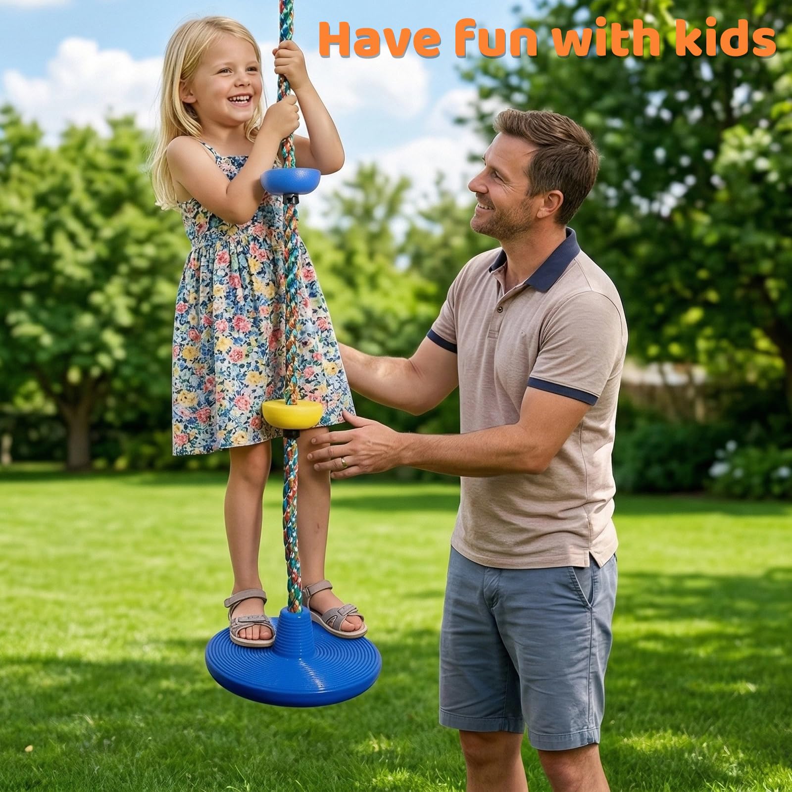 Vdealen Kletterseilschaukel, Kinderschaukel für den Außenbereich, mit Frisbee-Sitz, geeignet für Garten und Hof, Längenverstellbar, farbenfrohe Ausführung, 1,9 Meter lang (Blau)