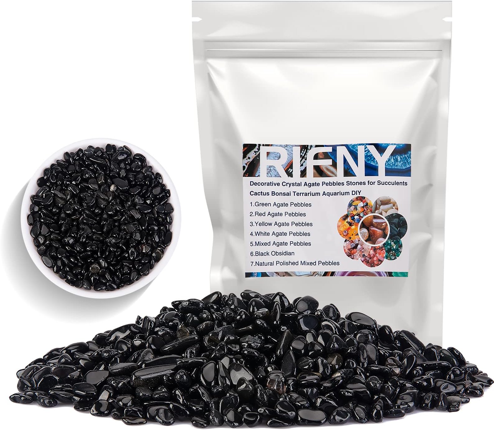 Decorative Stones, Natural River Pebbles Crushed Crystal Chips Stone for Fish Tank, Potted Succulents, Flowerpot, Cactus, Home Garden Decoration, Vase Filler Gravel Rocks (1.5 Lb) (Black Obsidian)