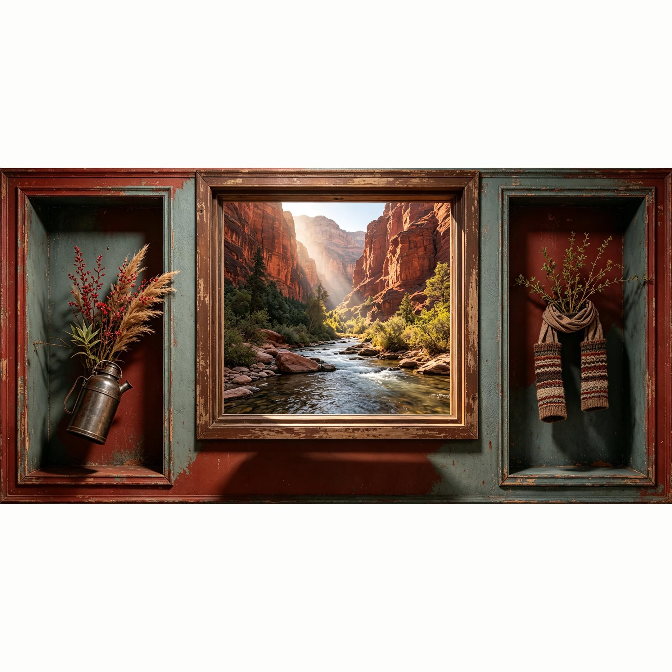 QZLITHOTIC 50x100cm 3D Framed Wall Art， Canyon River Landscape Farmhouse Vintage Self‑Adhesive Mural， Water‑Activated Peel & Stick Fabric Decor Wall Decal for Bedroom Living Room