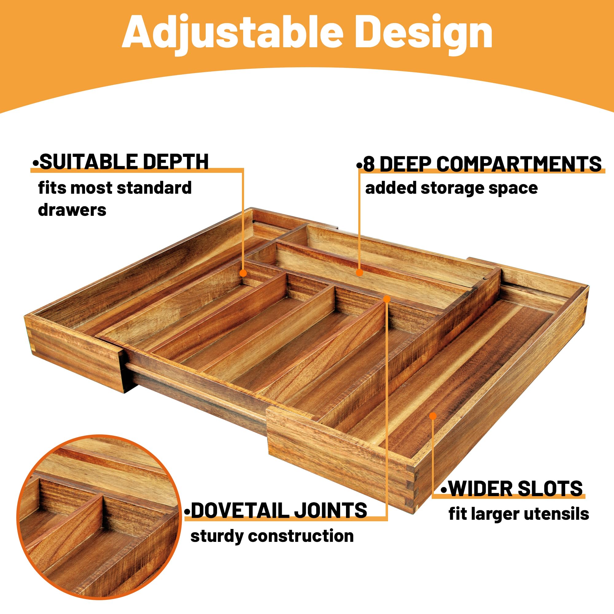 KITEISCAT Organizador de cubiertos expandible de madera de acacia, organizador de cajones de utensilios de cocina para tenedores y cucharas, bandeja de cubiertos de 8 compartimentos, soporte para