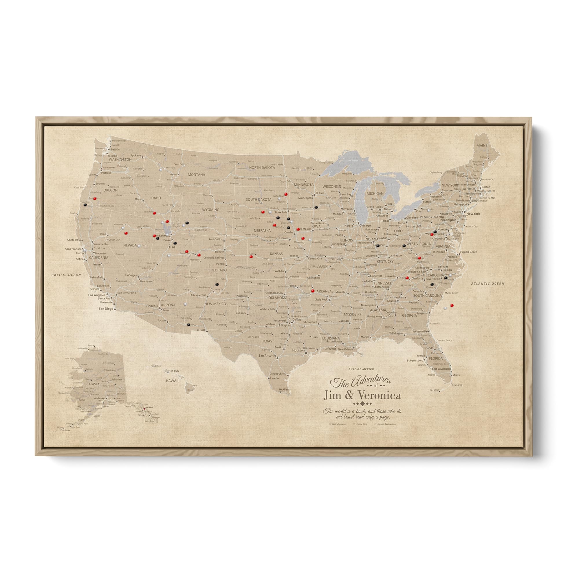 Push Pin Travel Maps Vintage USA Canvas – Personalized Travel Pinboard Map Wall Art – Natural Float Frame – 24" x 36"
