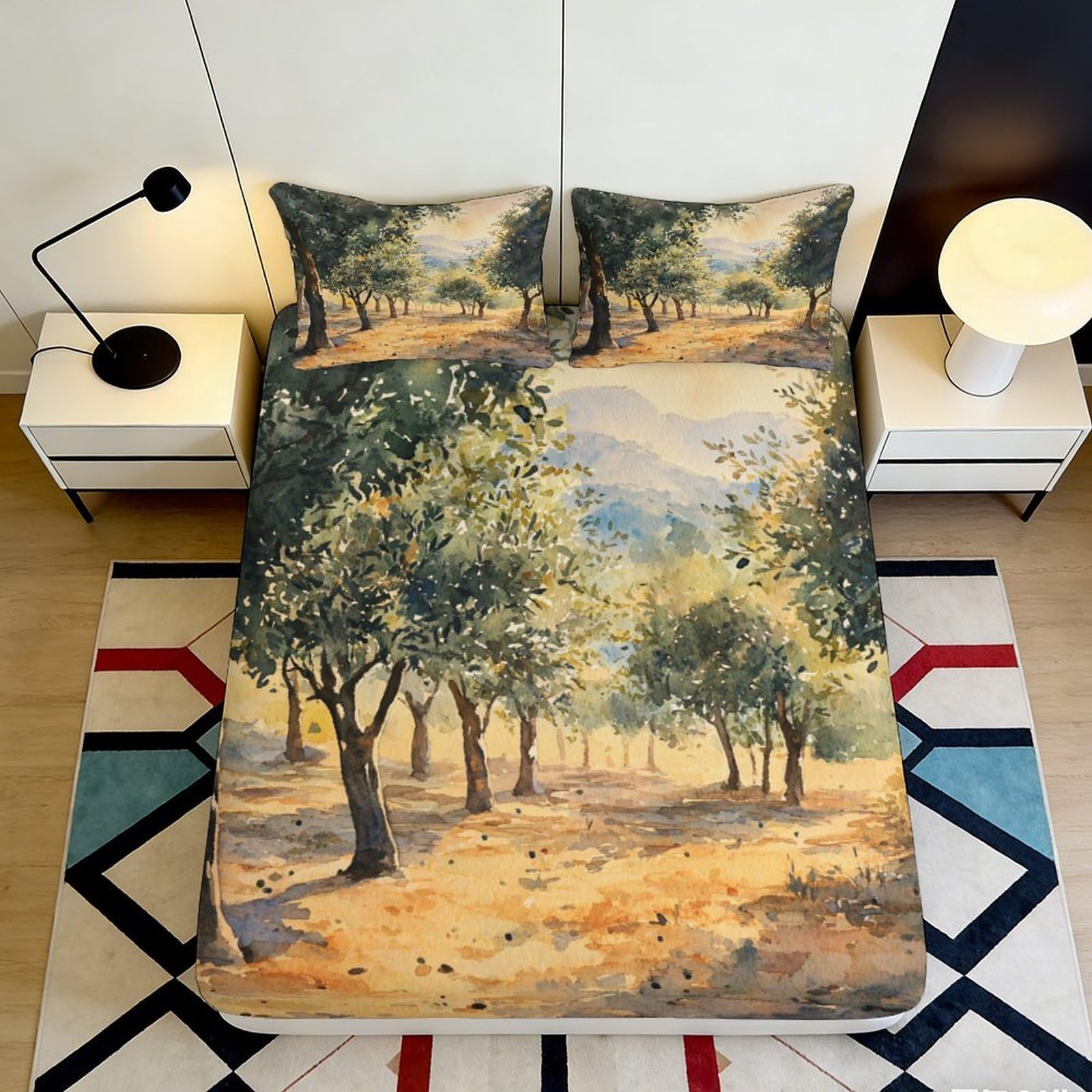 3D Printed Olive Grove Landscape Fitted Sheet Microfiber Artistic Forest Bed Cover Bedroom Guest Room Decor 90x200x25cm