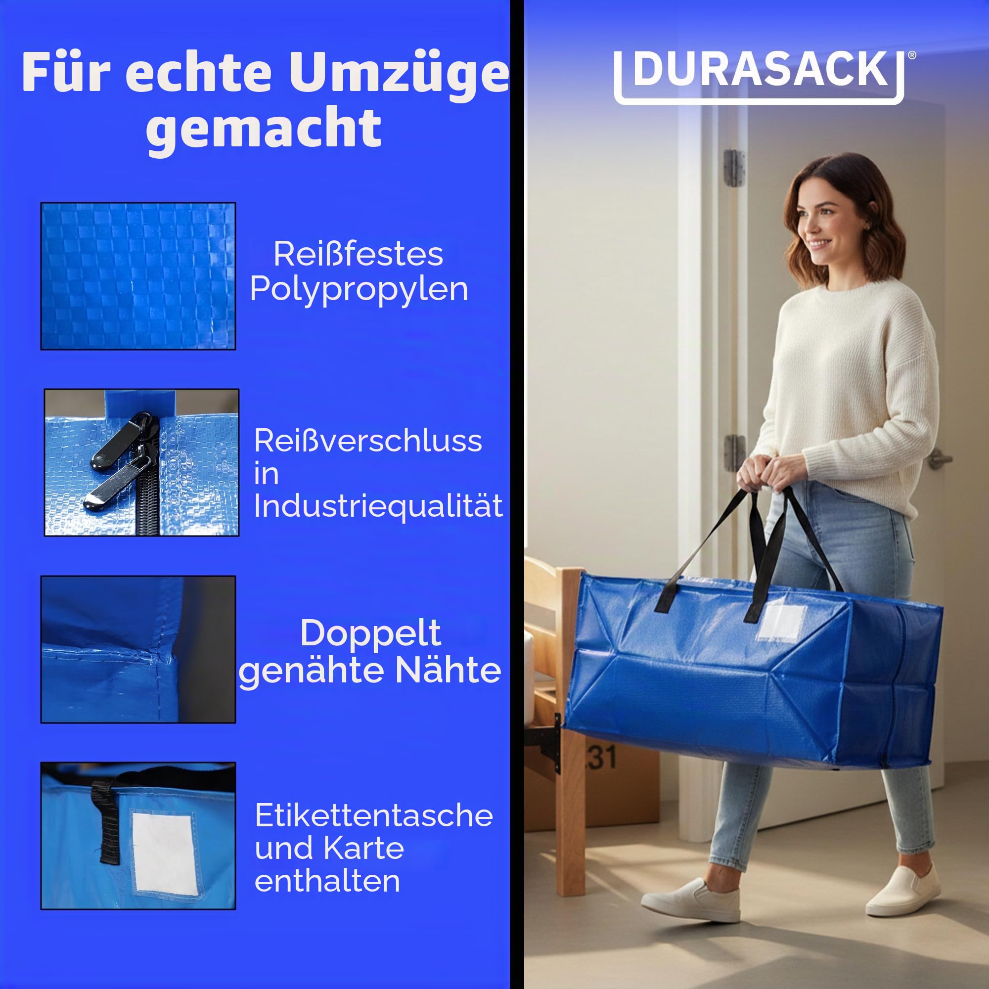 DURASACK Robuste Umzugstasche Aufbewahrungsbehälter Seesack mit Reißverschluss, verstärkte Tragegurte und Rucksackgurte, aus robustem gewebtem Polypropylen, 4er-Pack, Blau
