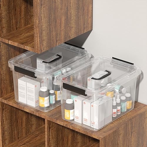 Miniatura 4 de Paquete de 4 cubos de almacenamiento de plástico de 10.5 cuartos de galón, caja con tapa con mango negro, transparente