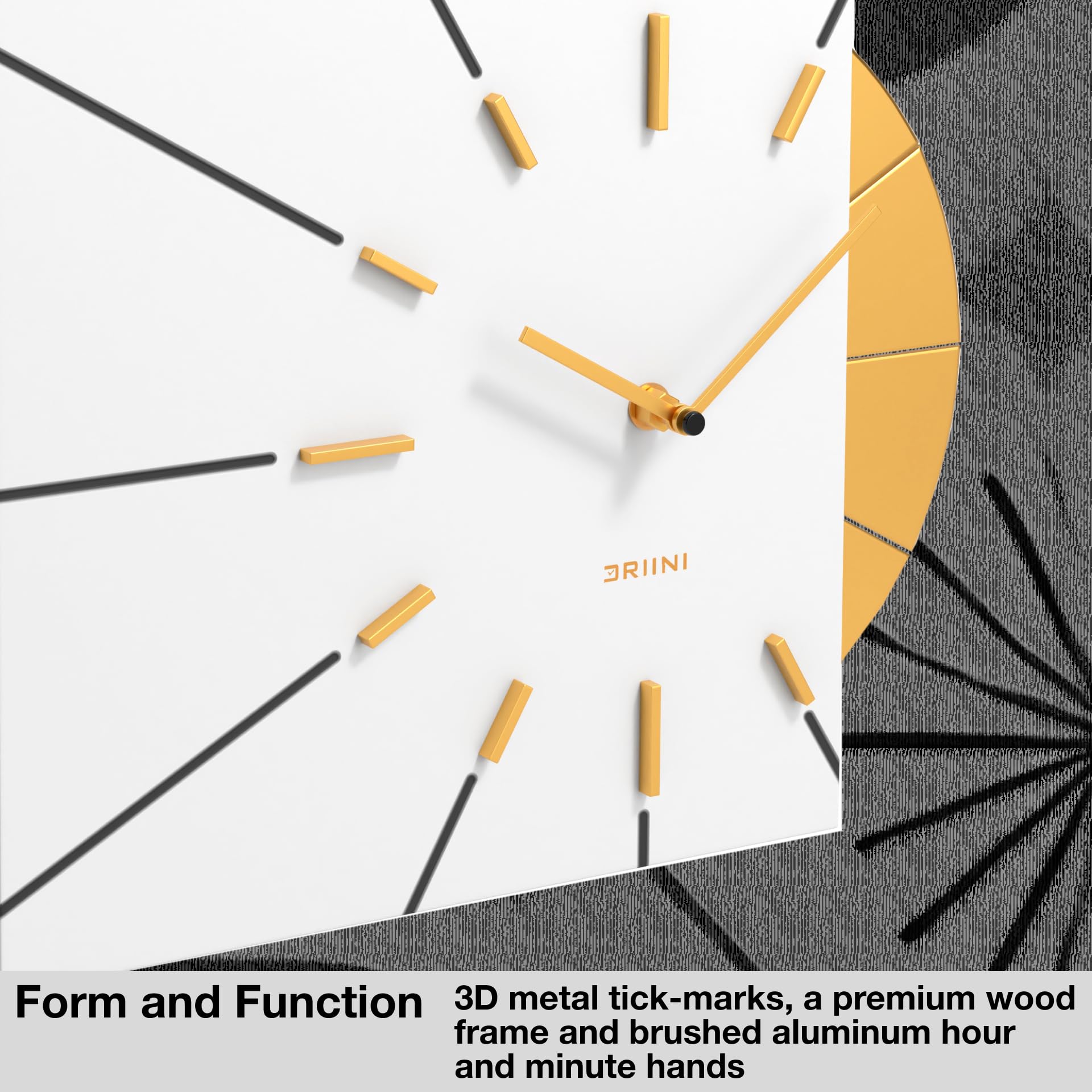 Driini Clocks Mid Century Modern Wall Clock - Square White Clock with Decorative Gold Accent- Unique and Cool Clock, Battery Operated - MCM Decor & Decorative Wall Clock for Mid Century Modern Decor.