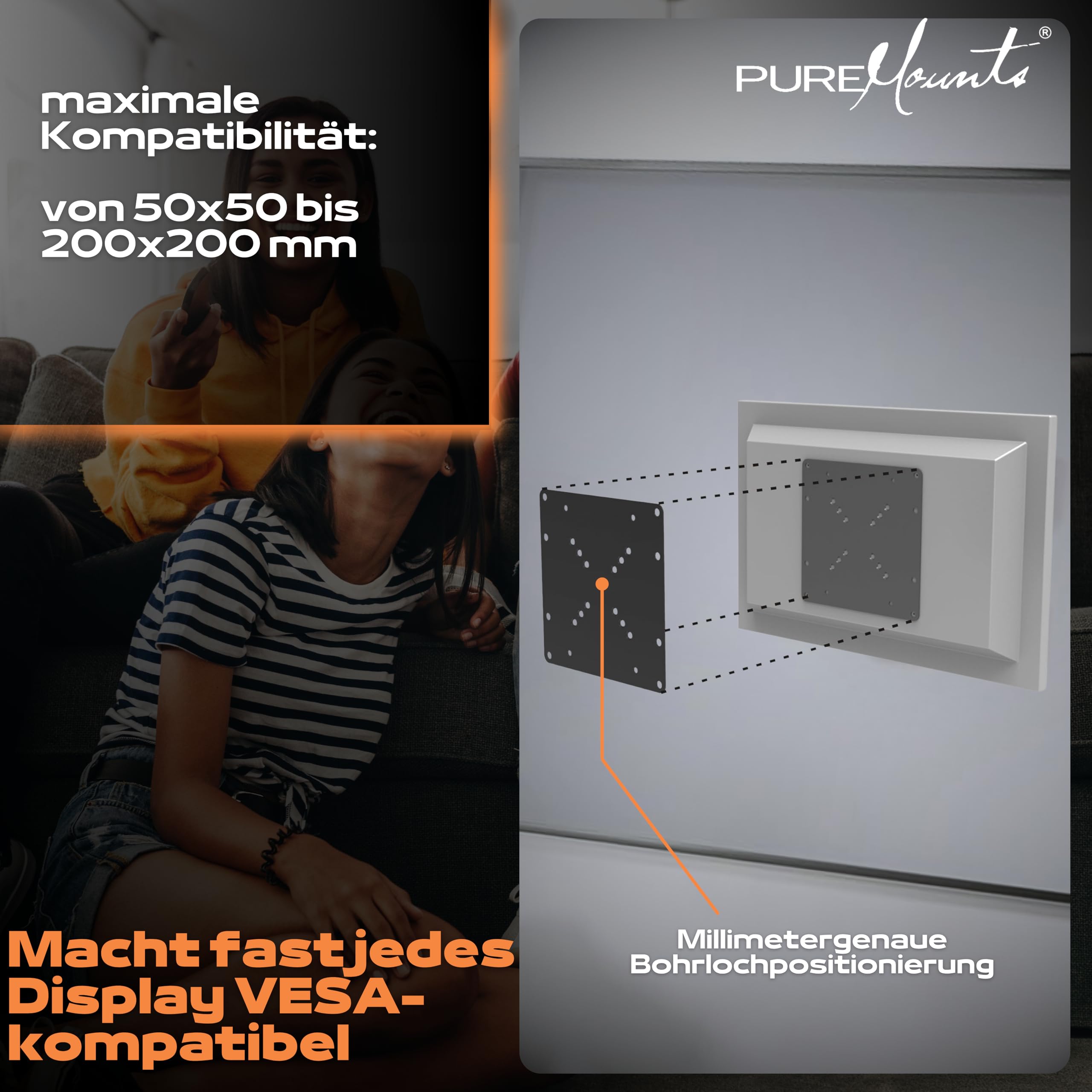 PureMounts Adapt-A Uniwersalna płyta adaptera VESA do poszerzania odległości VESA, powiększa się z VESA 50x50 do 200x200, Max. 30kg, czarny