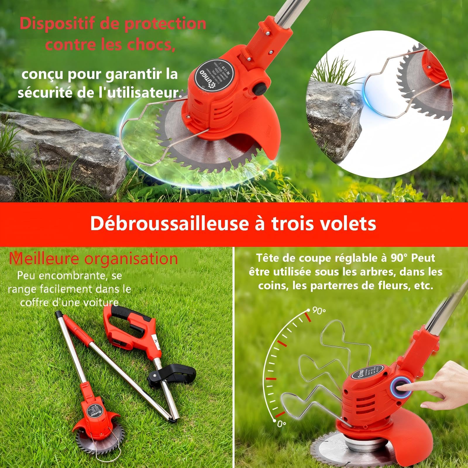 OUTIGO Debroussailleuse Electrique sans Fil, Débroussailleuse à Gazon Pliable avec 2 Batteries et 4 Types de Lames, Triple poignée Pliant, Pelouses et Terres Agricoles