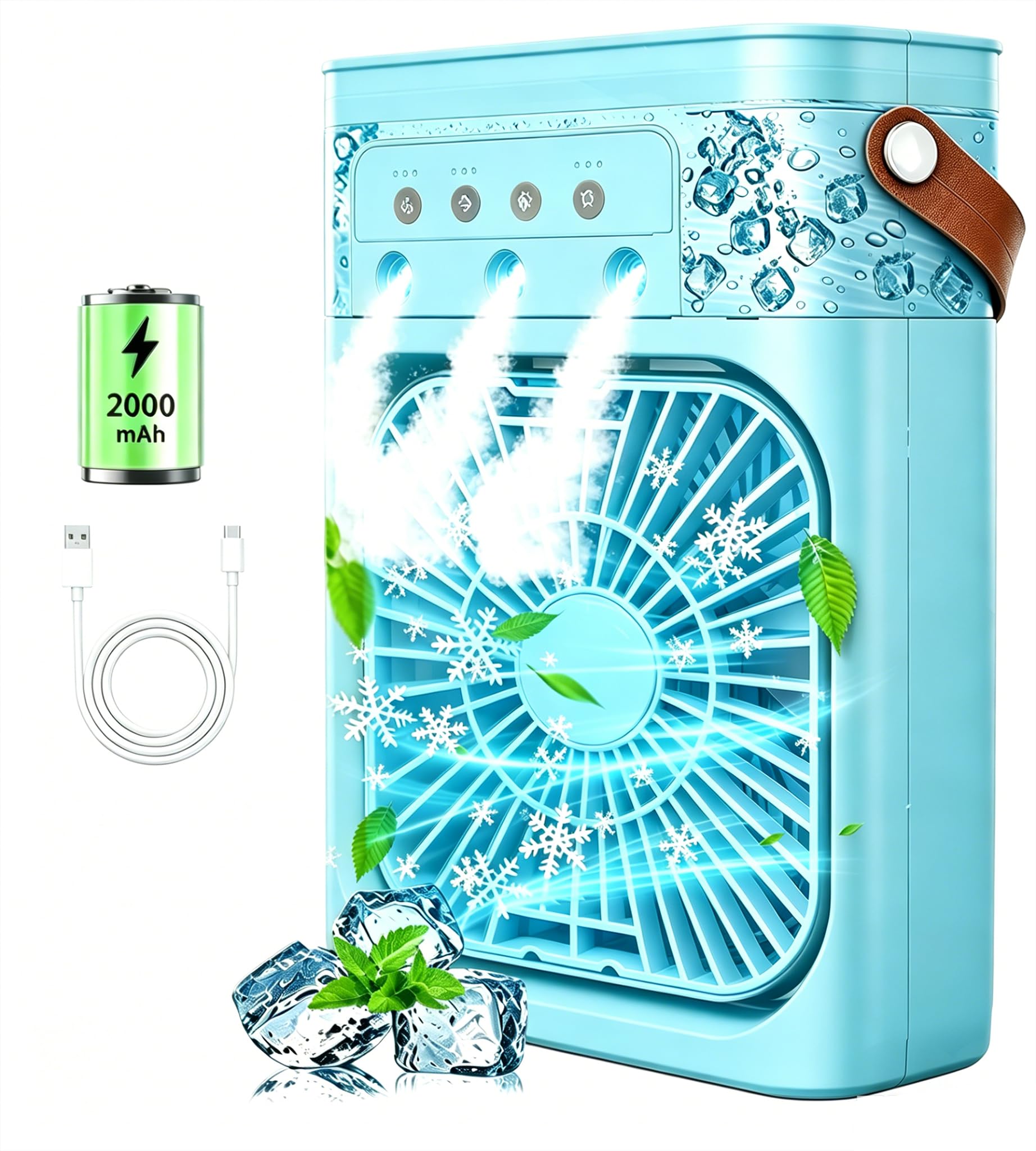 Aires Acondicionados Portátiles, Miniventiladores Enfriadores de Aire Recargables de 2000 mAh, Unidad de Aire Acondicionado Personal Portátil de 500 ML(Azul Aguamarina)