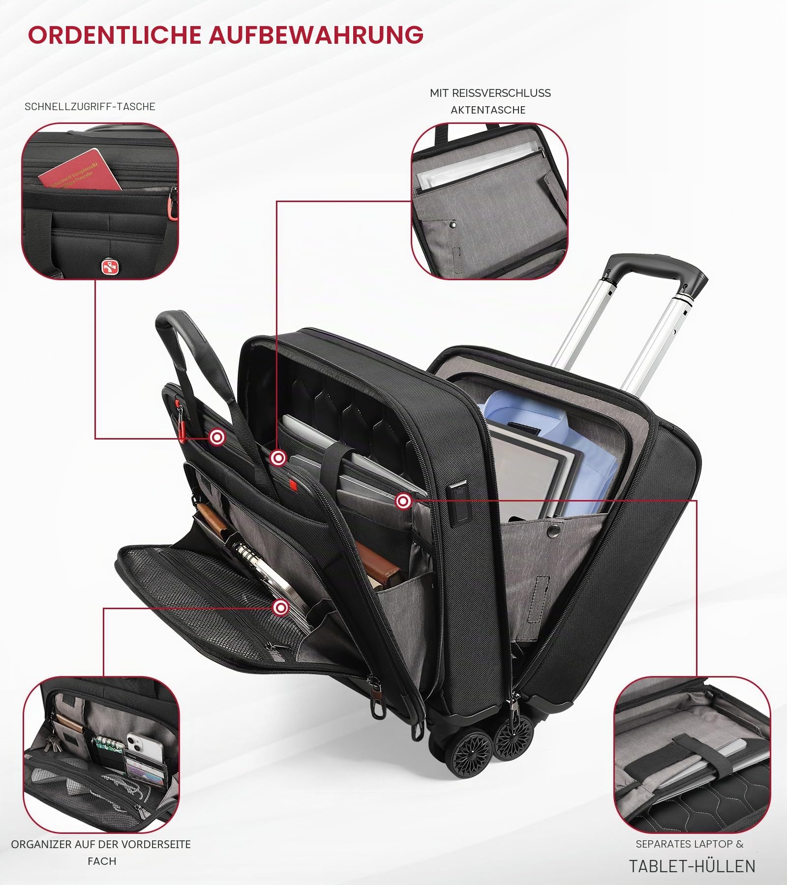 star cloud Laptop Trolley 17 Zoll, Business Trolley Herren, Laptop-Aktentasche mit 4 Rollen, Laptoptasche mit Rollen mit USB & Typ-C Anschluss, wasserabweisend, für Arbeit und Geschäftsreisen