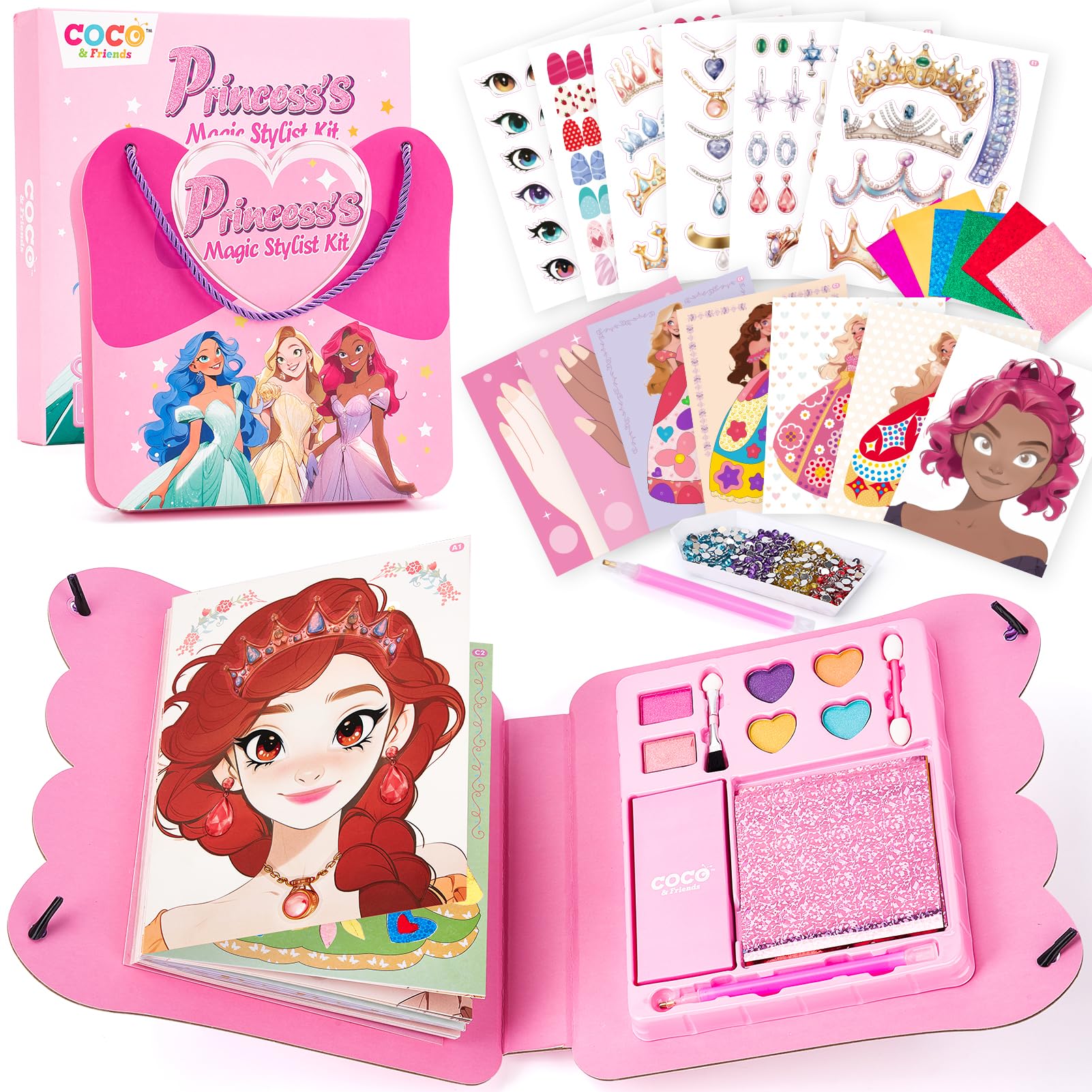 COCO&Friends Princess Kids' Craft Activity - Foil Art, Diamond Painting & Sticker Dress-Up Book, Mess-Free Arts & Crafts Kit for Girl Ages 5-7, DIY Creative Gift, Perfect for 5, 6, 7 Year Olds Kids