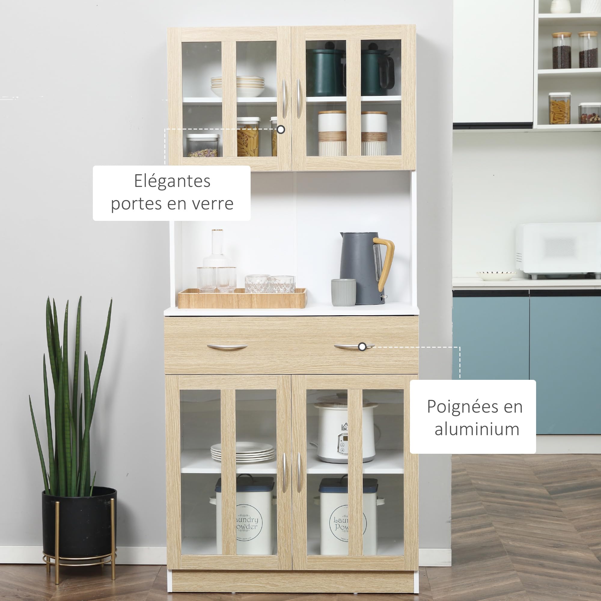 HOMCOM Buffet Haut de Cuisine Multi-Rangement Blanc Aspect chêne Clair