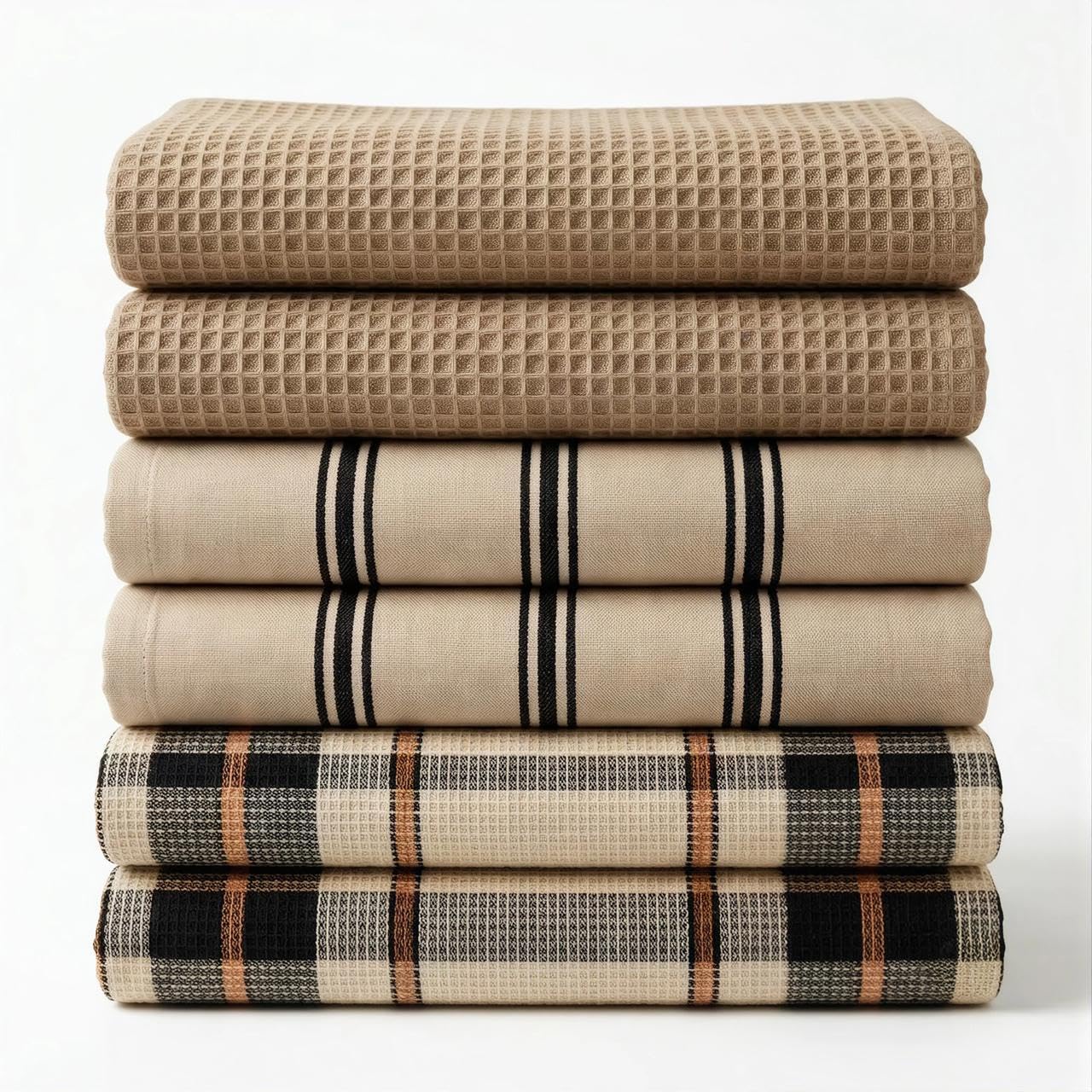 Zoie&Emma 100% Cotton Kitchen Tea Towels – Pack of 6, Absorbent & Quick-Dry Dish Towels, Soft & Durable 65 x 45 cm, Beige Stripe & Check Pattern