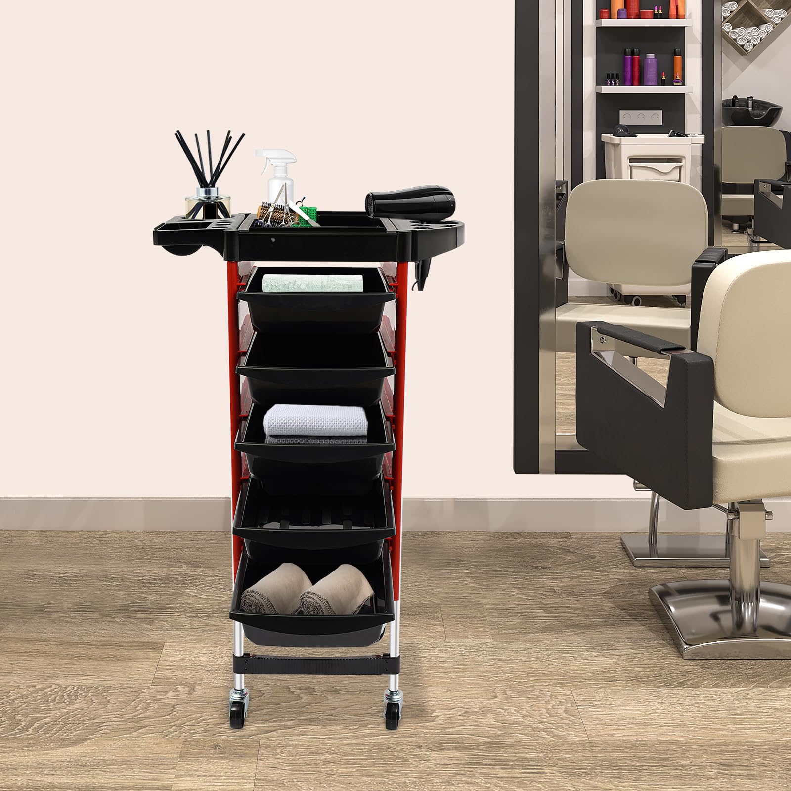 Carrito de peluquería, 6 capas con ruedas, soporte para secador de pelo, 5 cajones, carrito de trabajo para salones de peluquería, almacenamiento de belleza, herramientas de peluquería