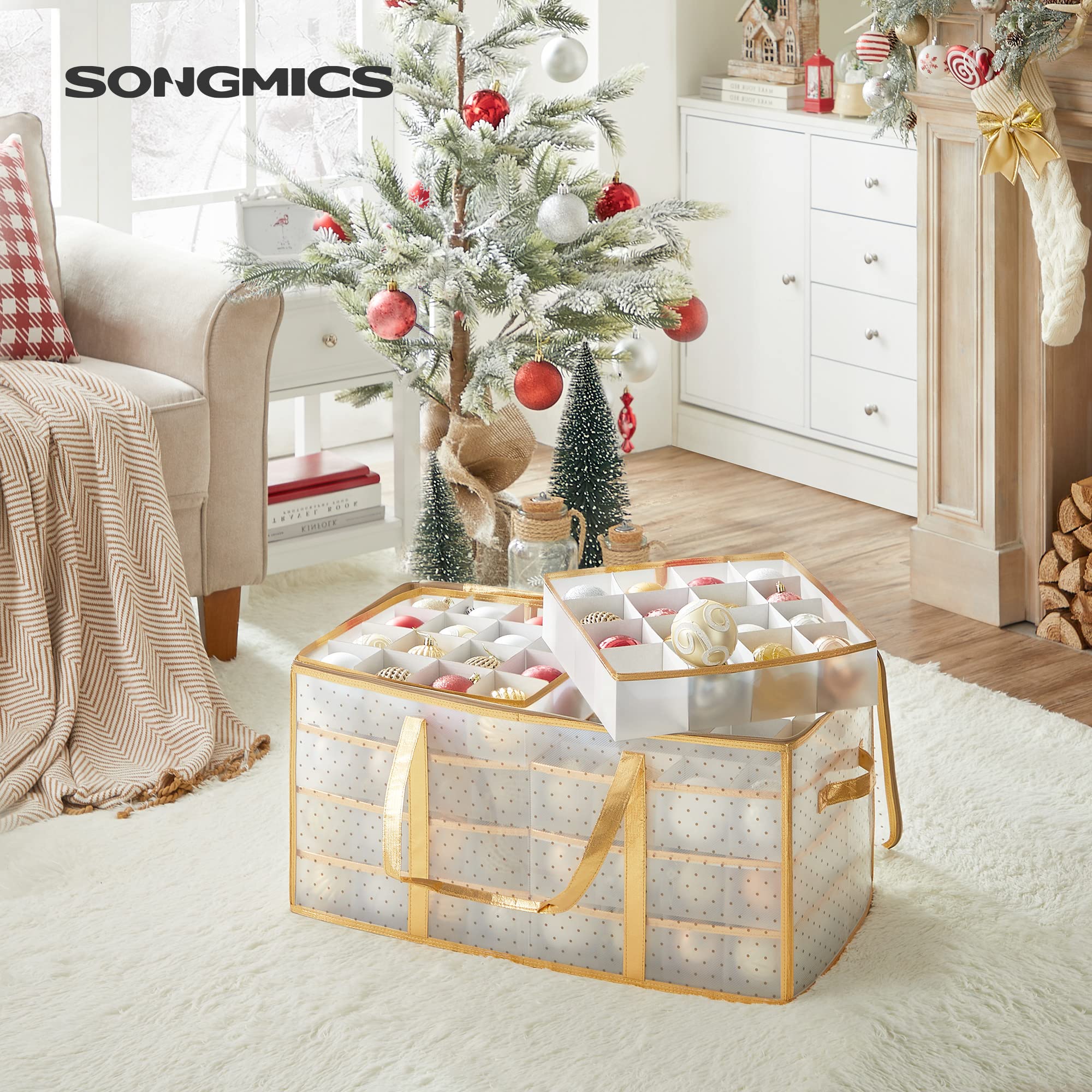 SONGMICS Pudełko do przechowywania, pudełka na bombki świąteczne, dekoracje świąteczne, 128 przegródek, regulowane przegródki, 67 x 34 x 34 cm, półprzezroczyste złoto RFB029A01