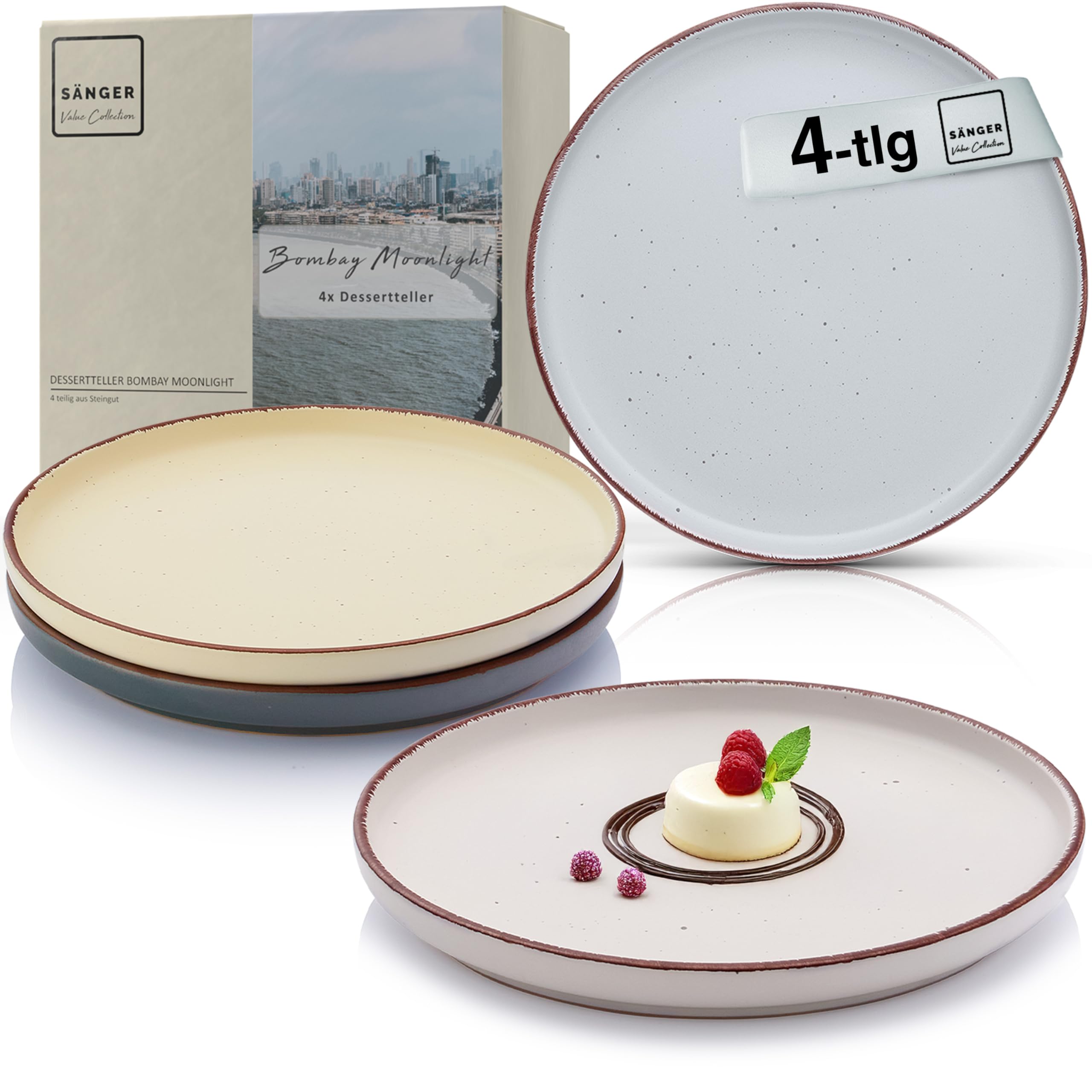 Sänger Bombay Moonlight | Dessertteller 4 teilig, Steingut Frühstücksteller 4 Personen, Kuchenteller kleine Teller spülmaschinenfest mikrowellenfest, Steingut Geschirr bunt | VALUE COLLECTON