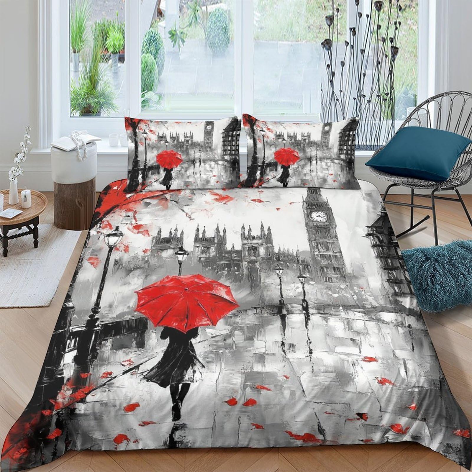 Ctjqhvkz Style-10 3D Printed London Street View Fitted Sheet Microfiber Red Umbrella Bed Cover For Bedroom Dorm Mattress Protection Decor Single（135X200cm）